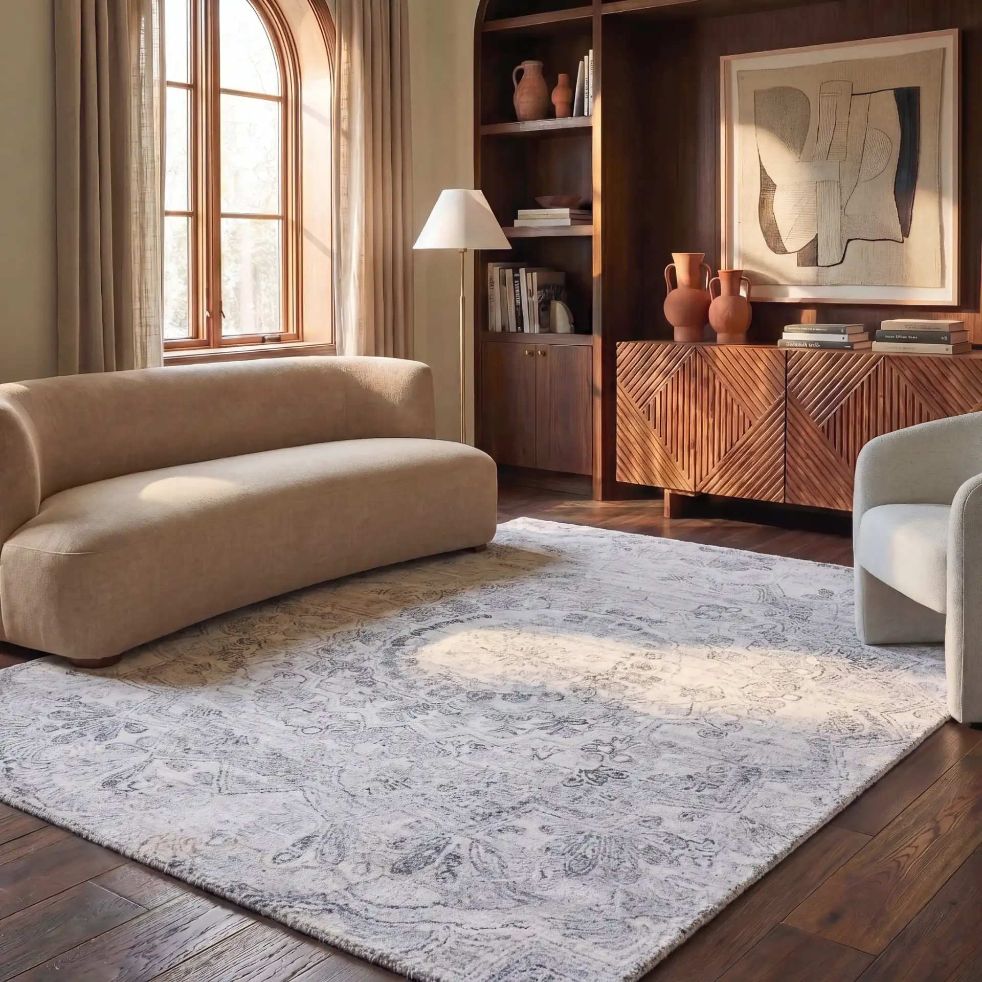 Abstract Transitional Medallion Hand-Tufted Rug in Ivory / Black in a styled room