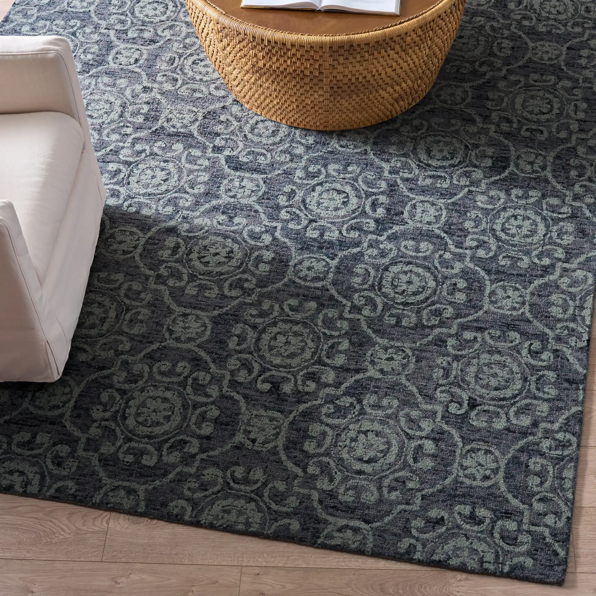 Abstract Transitional Allover Rosette Hand-Tufted Wool Rug in Blue in a styled room