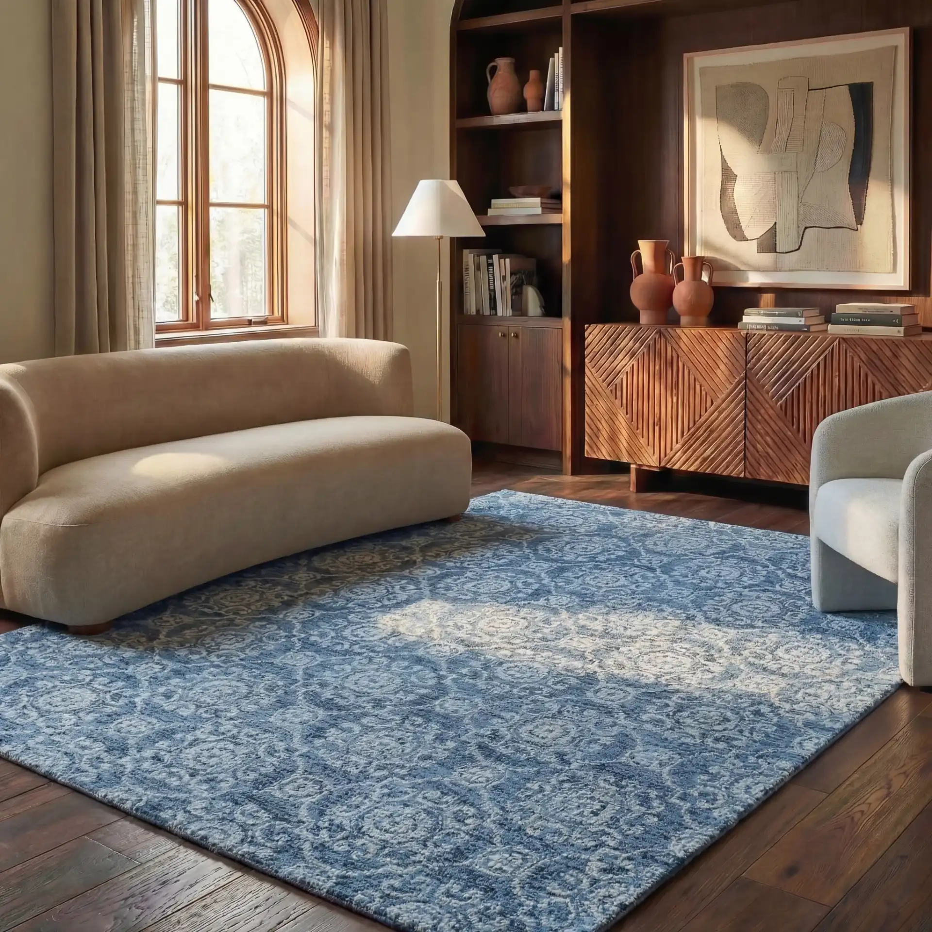 Abstract Transitional Allover Rosette Hand-Tufted Wool Rug in Blue in a styled room