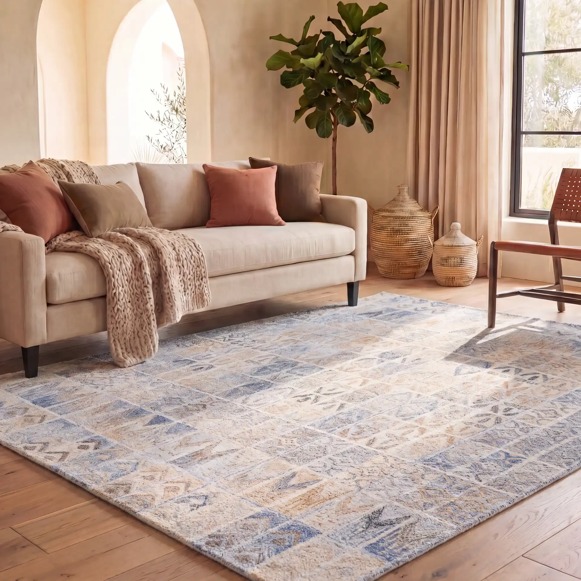 Abstract Bohemian Patchwork Hand-Tufted Rug in Blue / Rust in a styled room