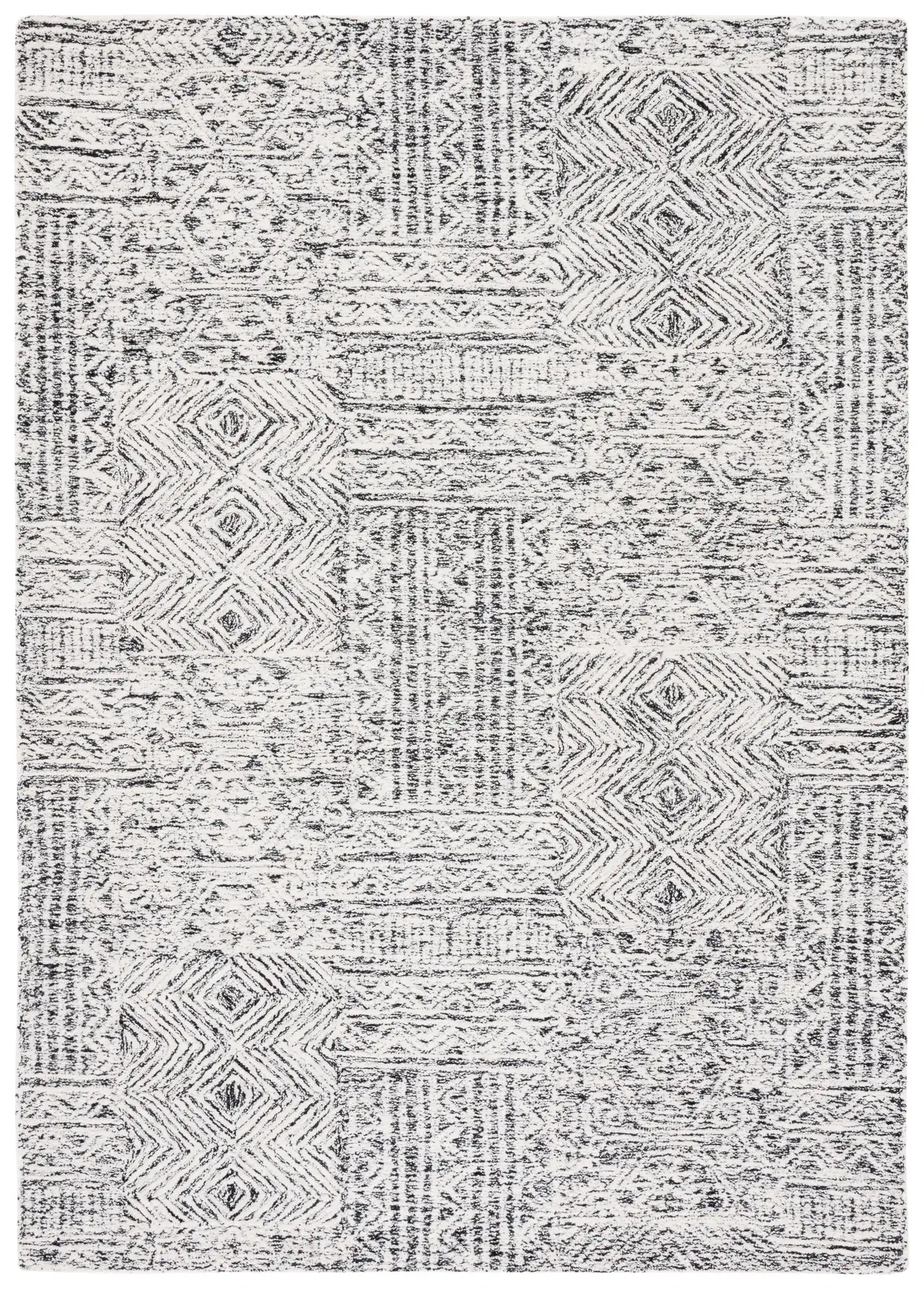 Abstract Boho Patchwork Hand-Tufted Wool Rug in Black / Ivory
