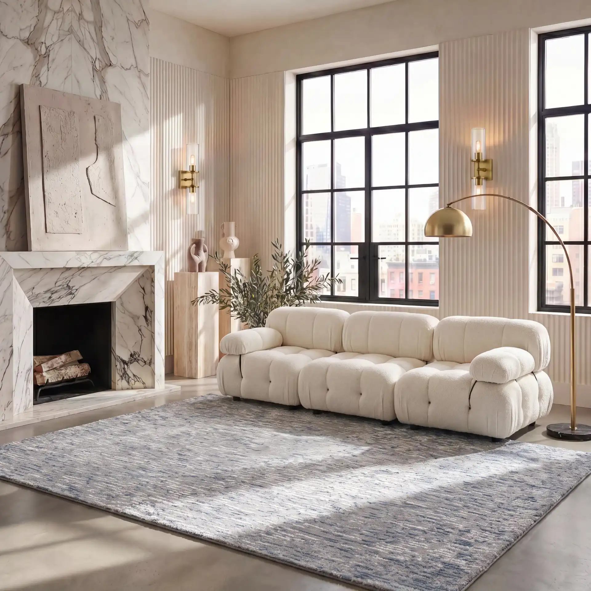 Abstract Dashed Stripe Hand-Tufted Wool Rug in Gray / Blue in a styled room