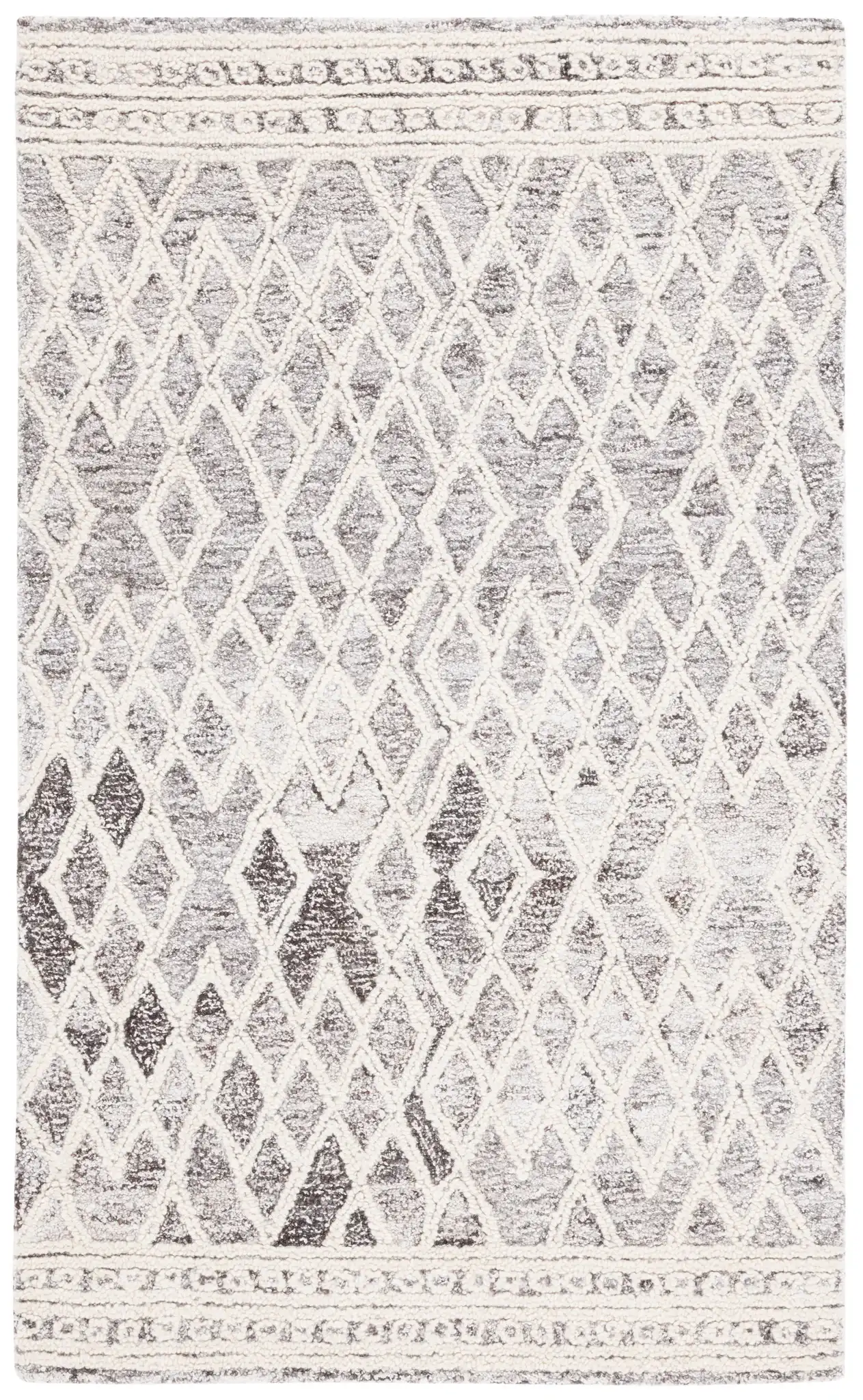 Abstract Boho Bordered Diamond Hand-Tufted Wool Rug in Ivory / Gray