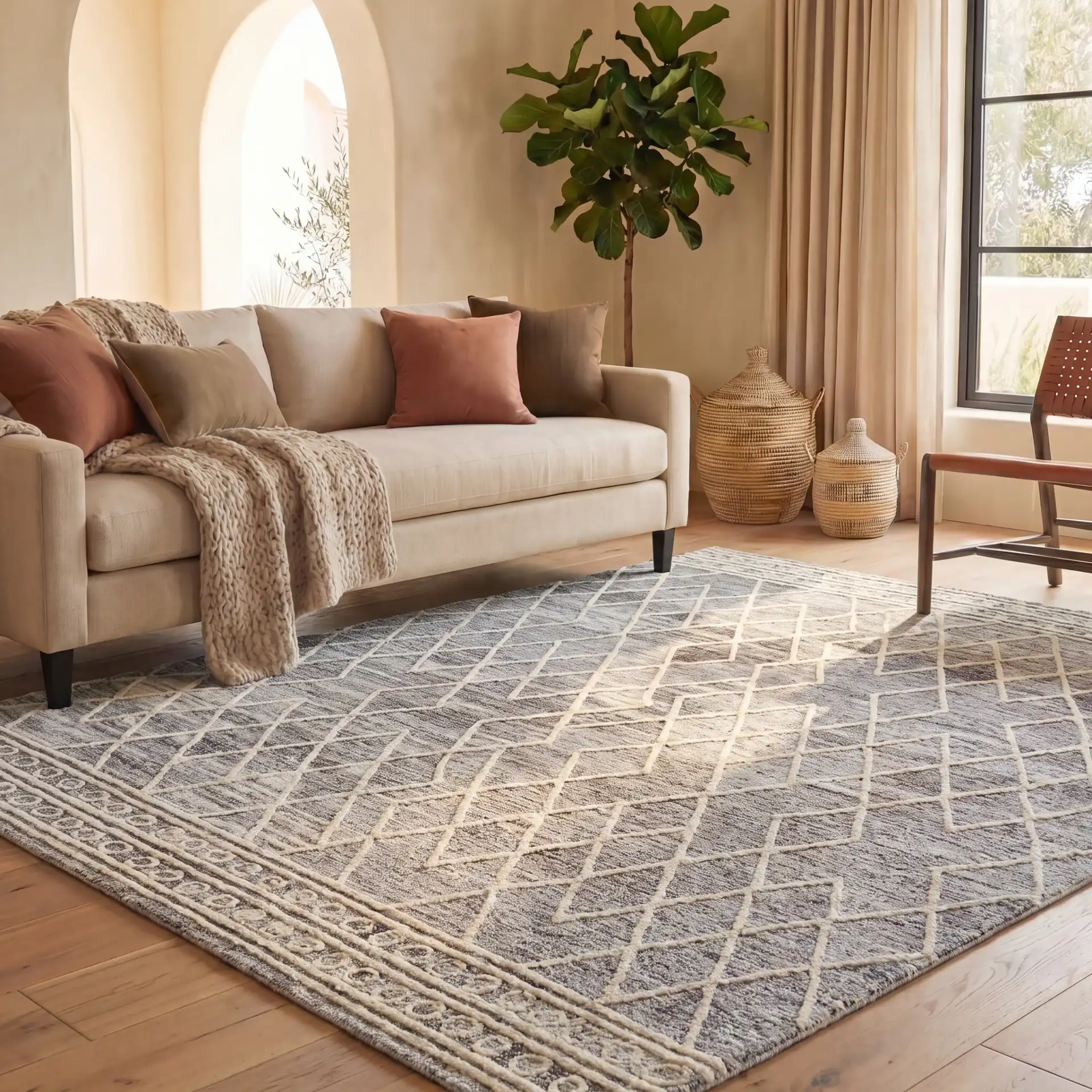 Abstract Boho Bordered Diamond Hand-Tufted Wool Rug in Ivory / Gray in a styled room