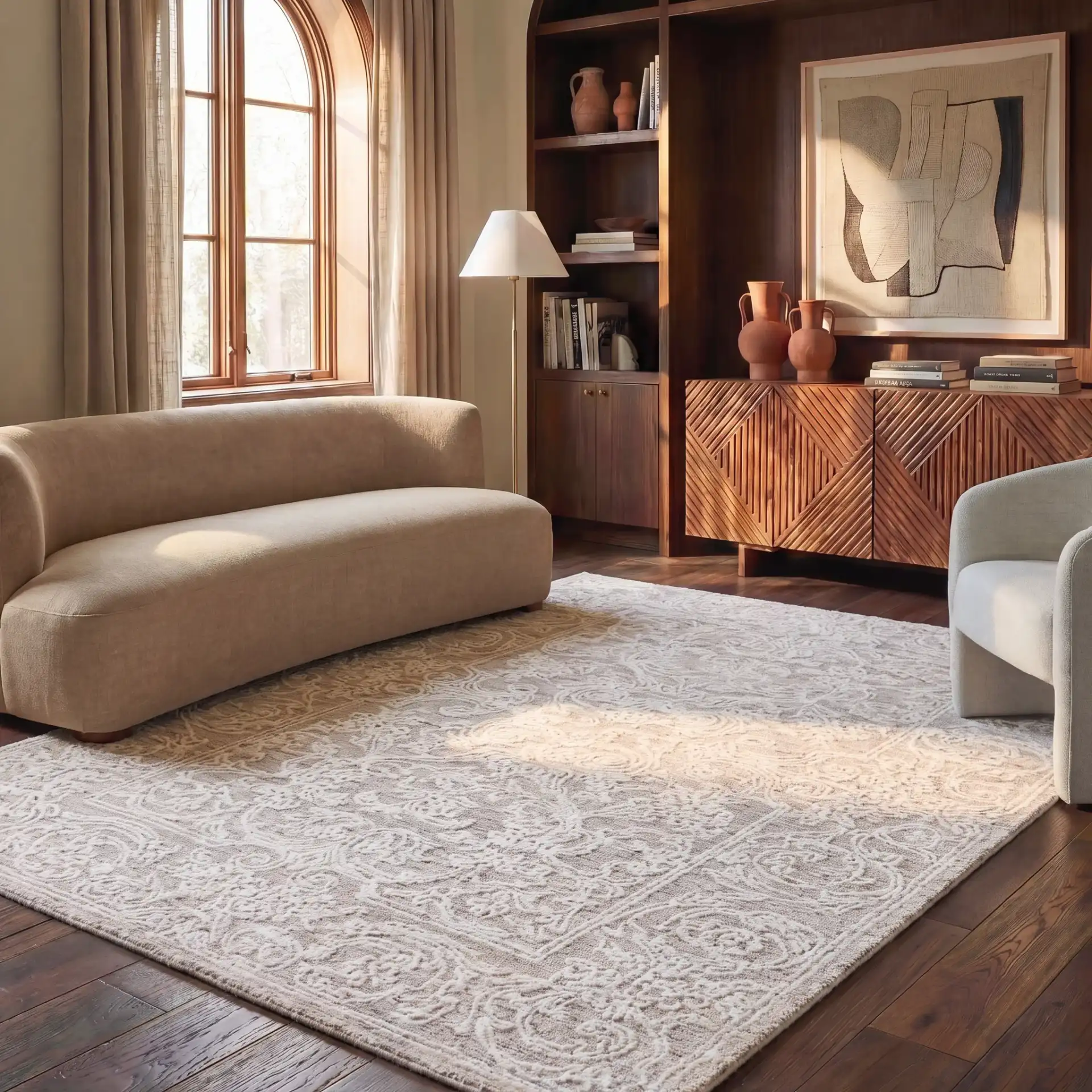 Abstract Transitional Damask Hand-Tufted Wool Rug in Ivory / Brown in a styled room