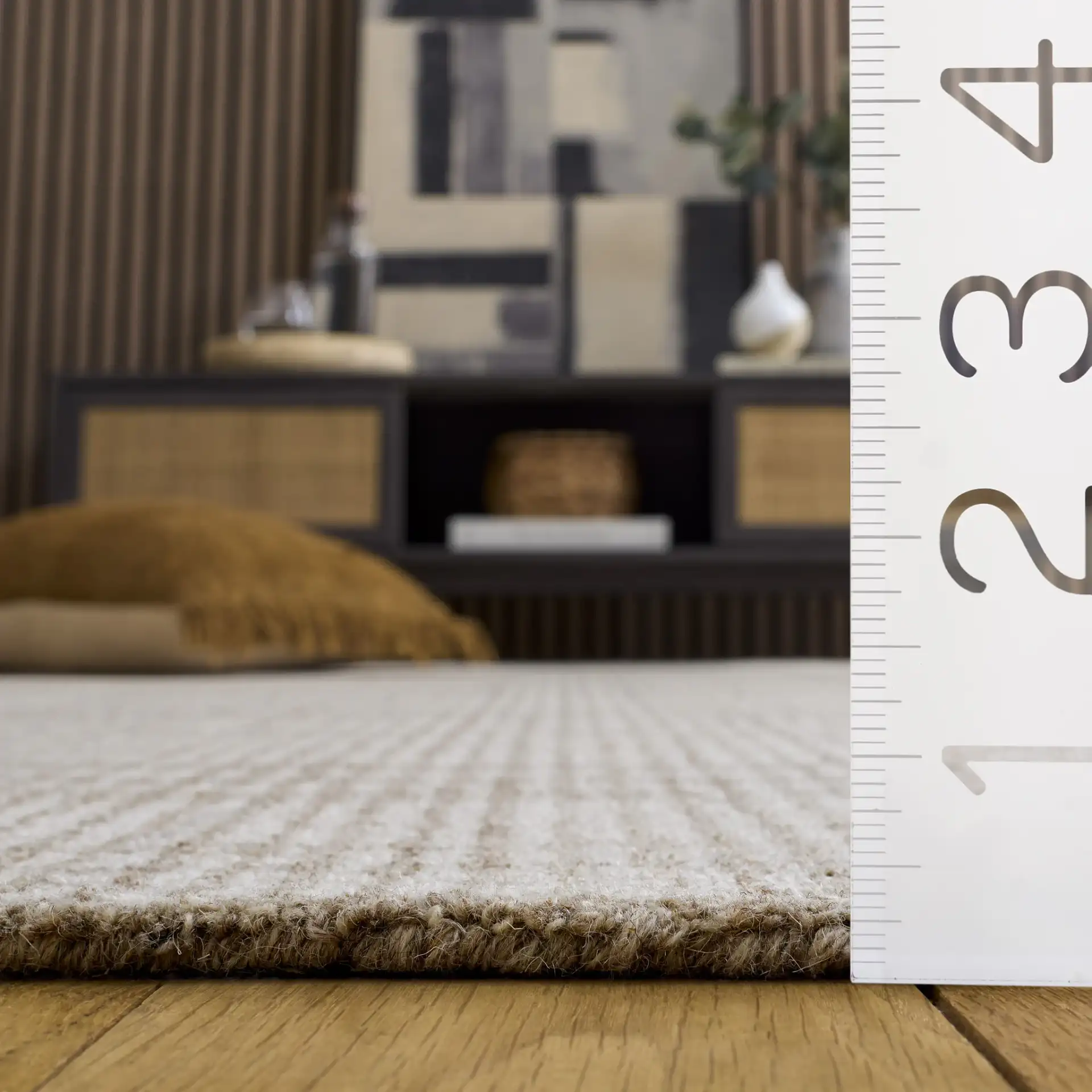 Abstract Plaid Hand-Tufted Wool Rug in Brown / Ivory in a styled room