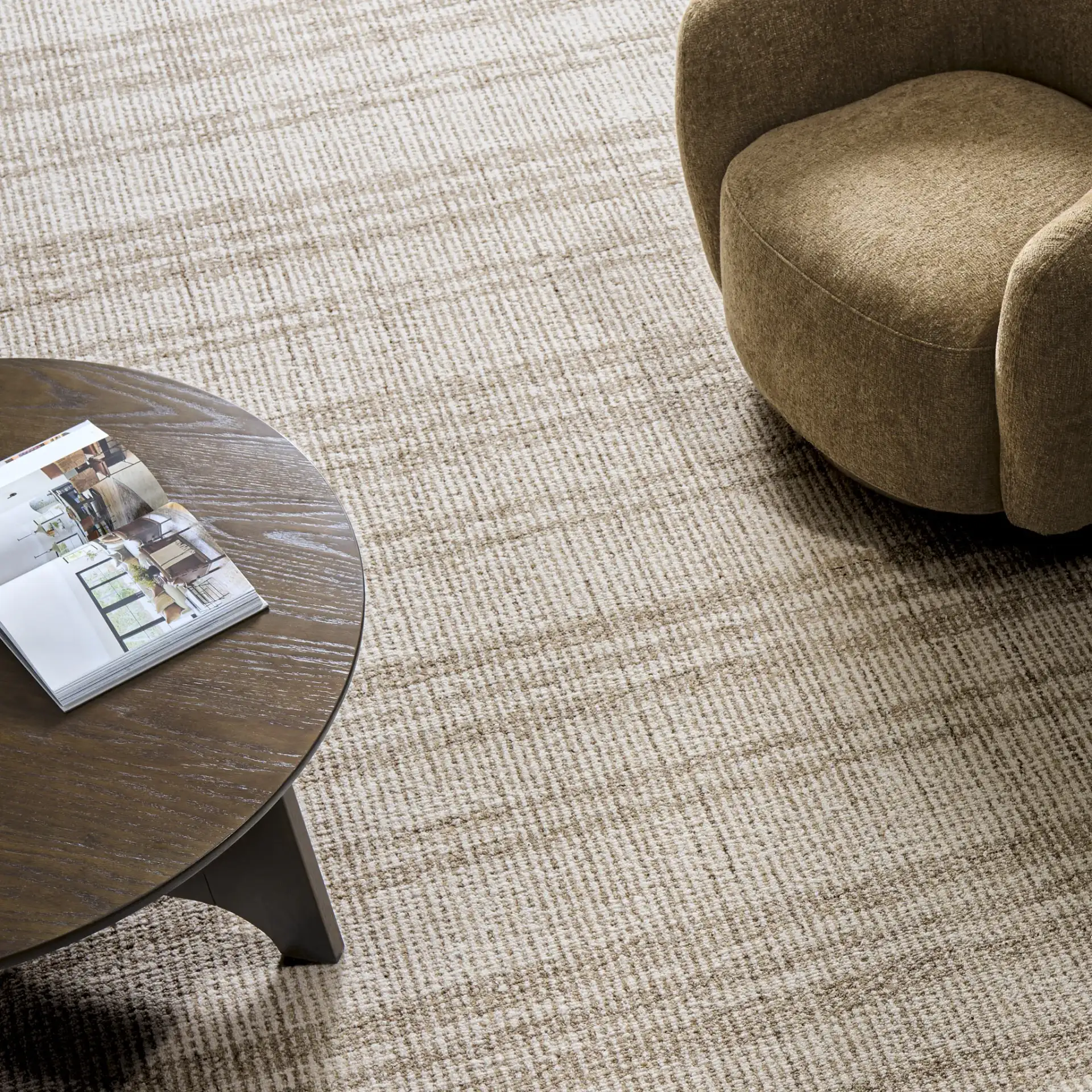 Abstract Plaid Hand-Tufted Wool Rug in Brown / Ivory in a styled room