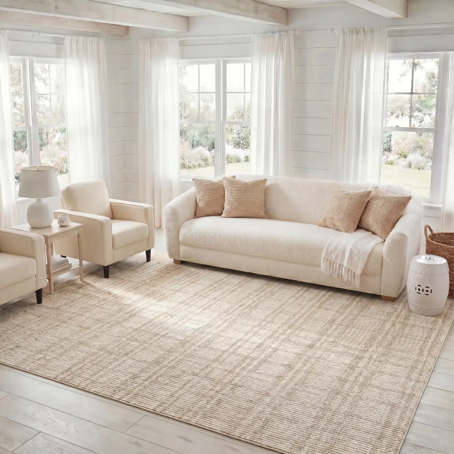 Abstract Plaid Hand-Tufted Wool Rug in Brown / Ivory in a styled room