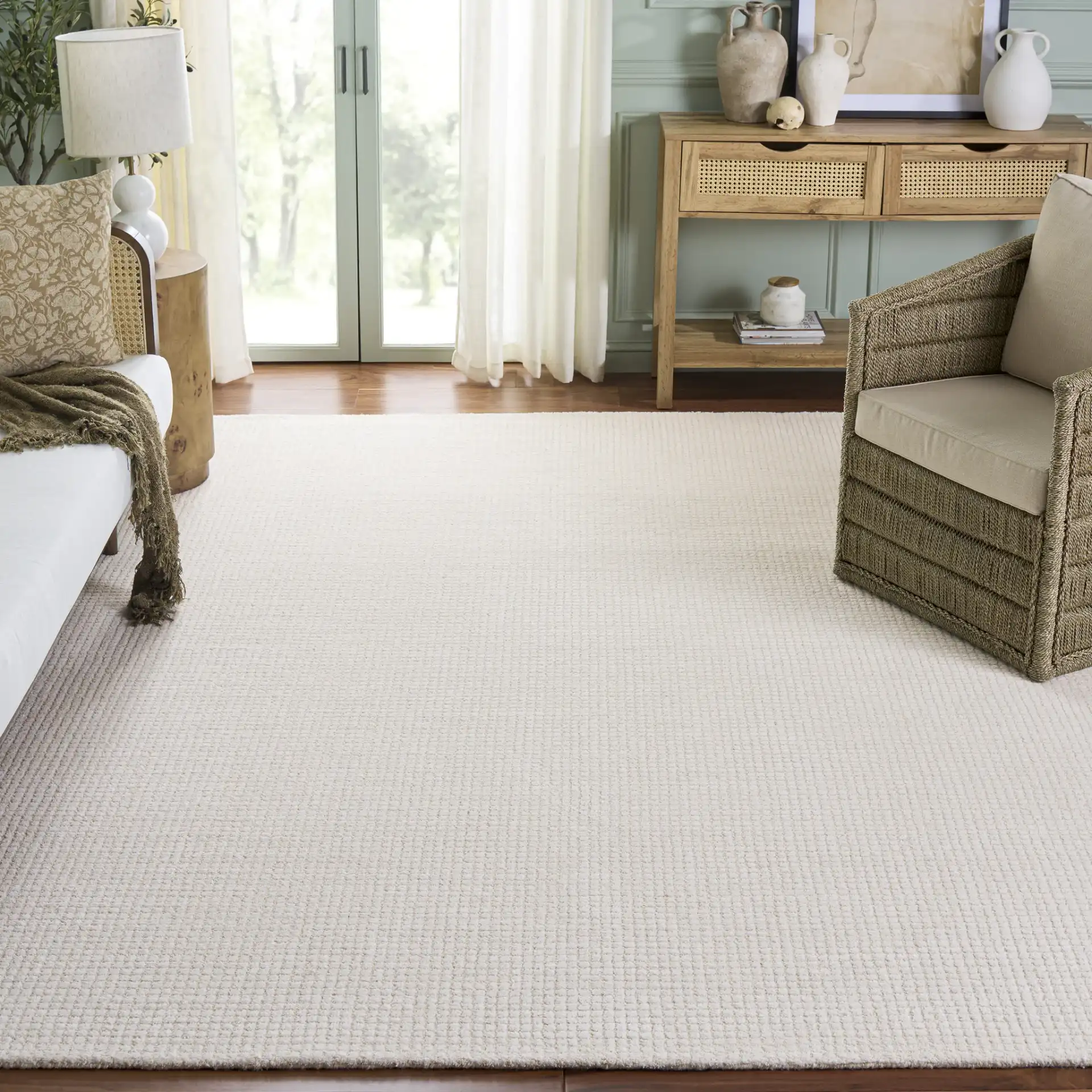 Abstract Solid Grid Hand-Tufted Rug in Ivory in a styled room