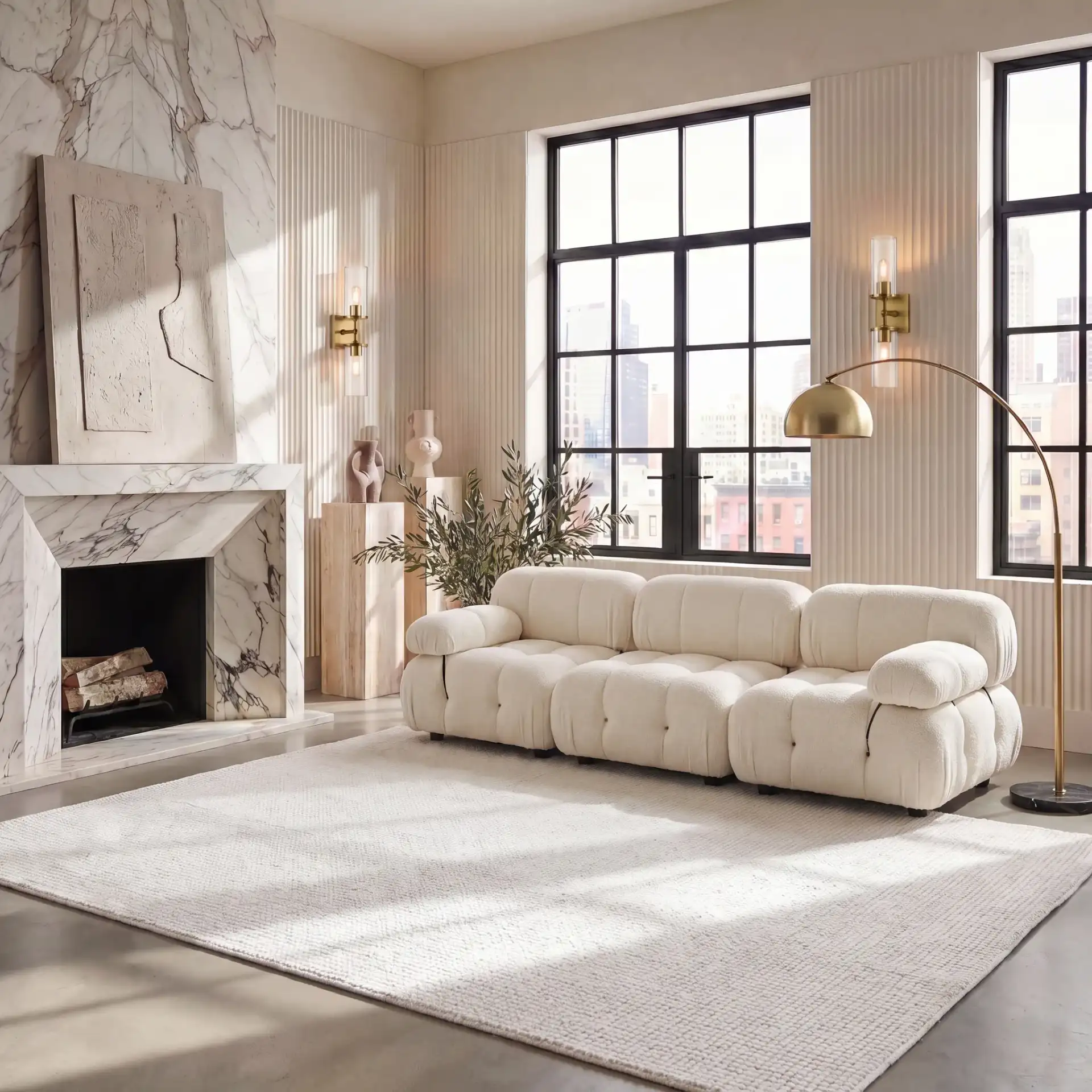 Abstract Solid Grid Hand-Tufted Rug in Ivory in a styled room