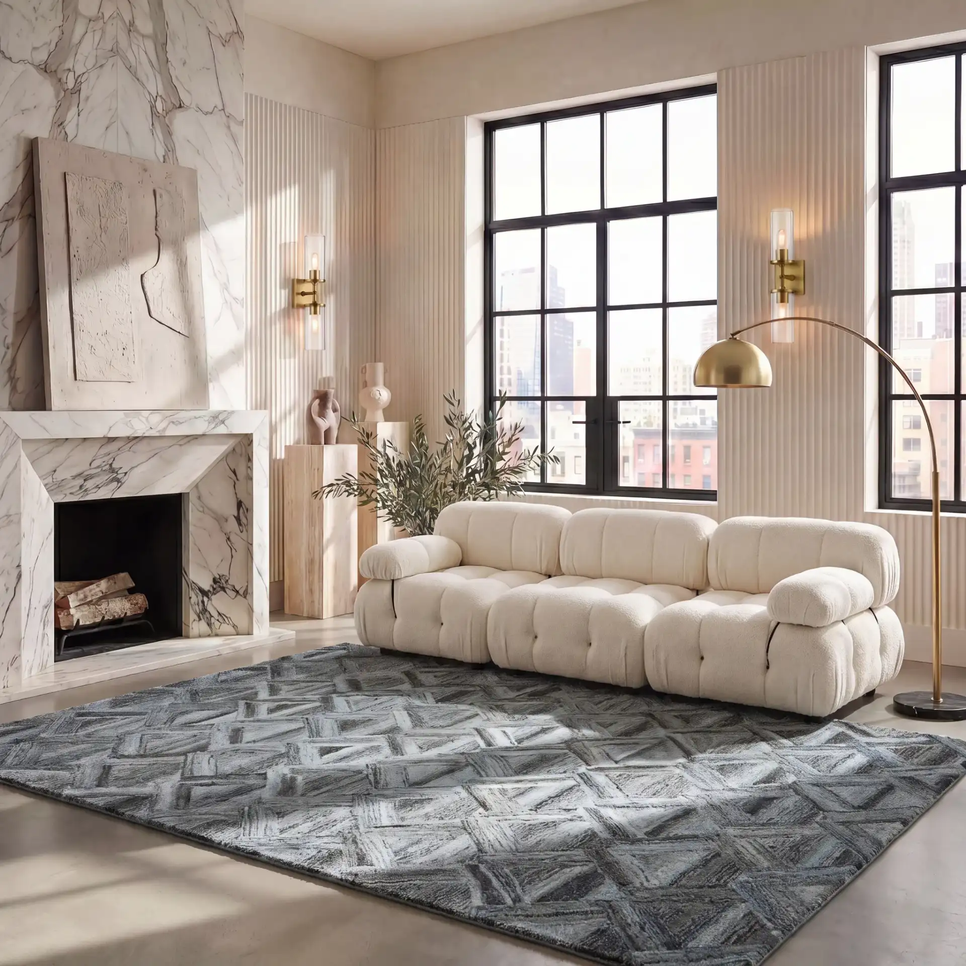 Abstract Triangle Hand-Tufted Wool Blend Rug in Blue / Black in a styled room