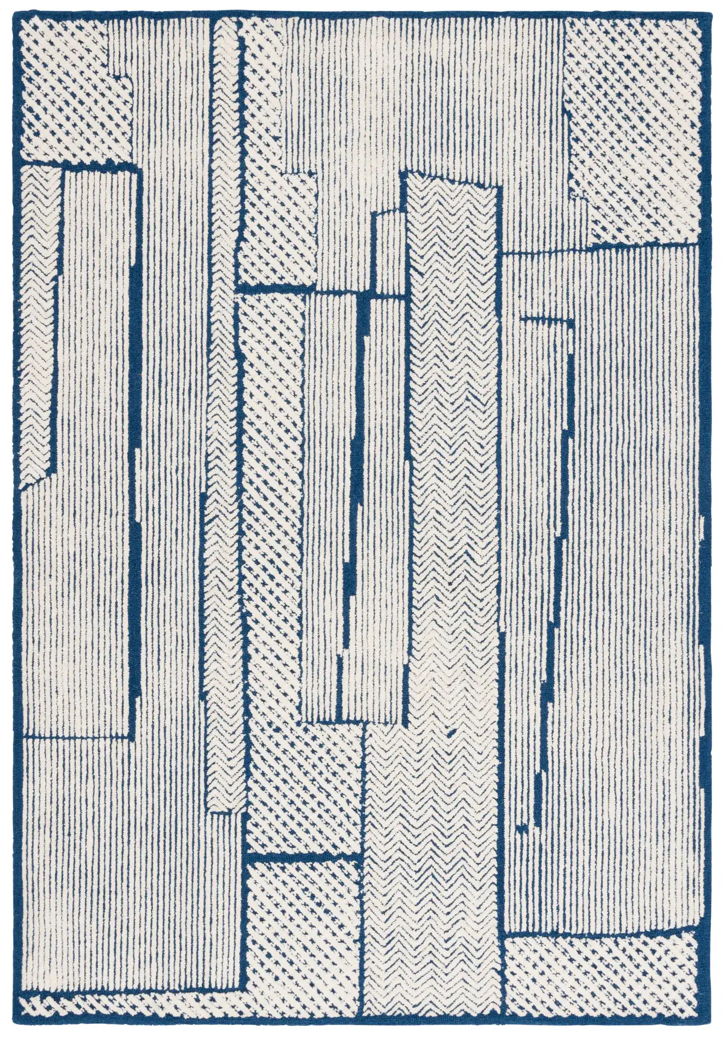 Abstract Patchwork Hand-Tufted Wool Rug in Ivory / Navy