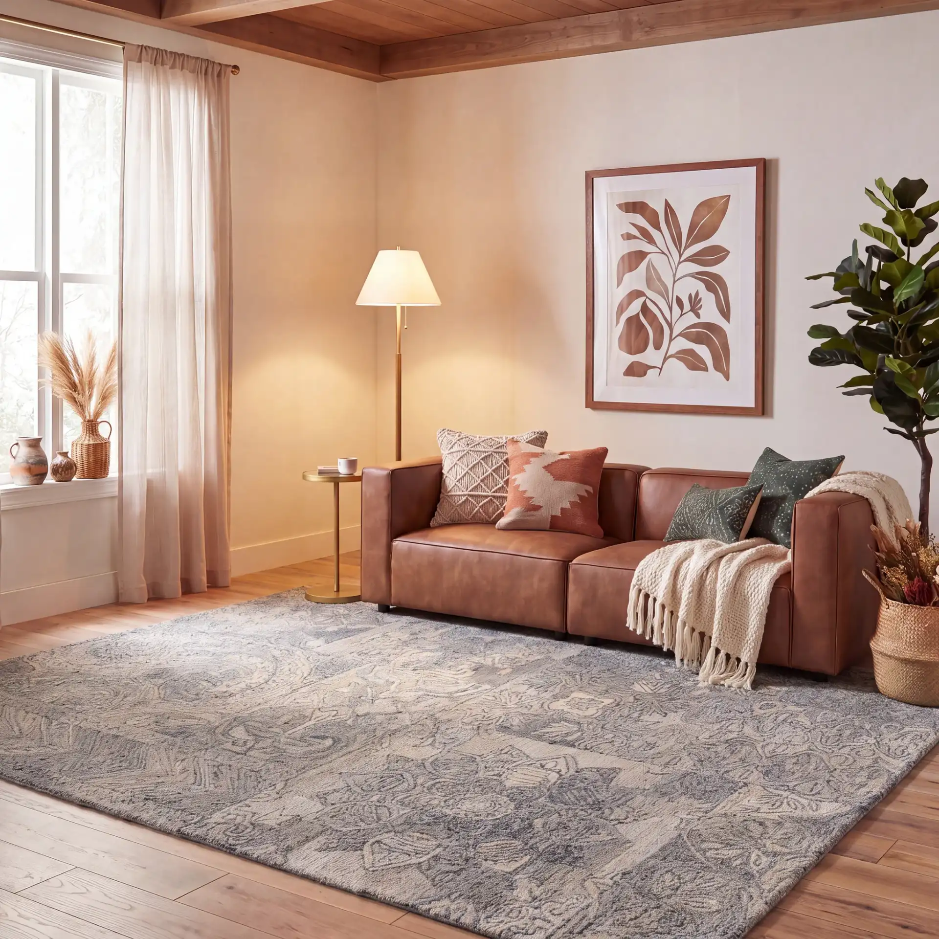 Abstract Transitional Distressed Hand-Tufted Rug in Beige / Gray in a styled room