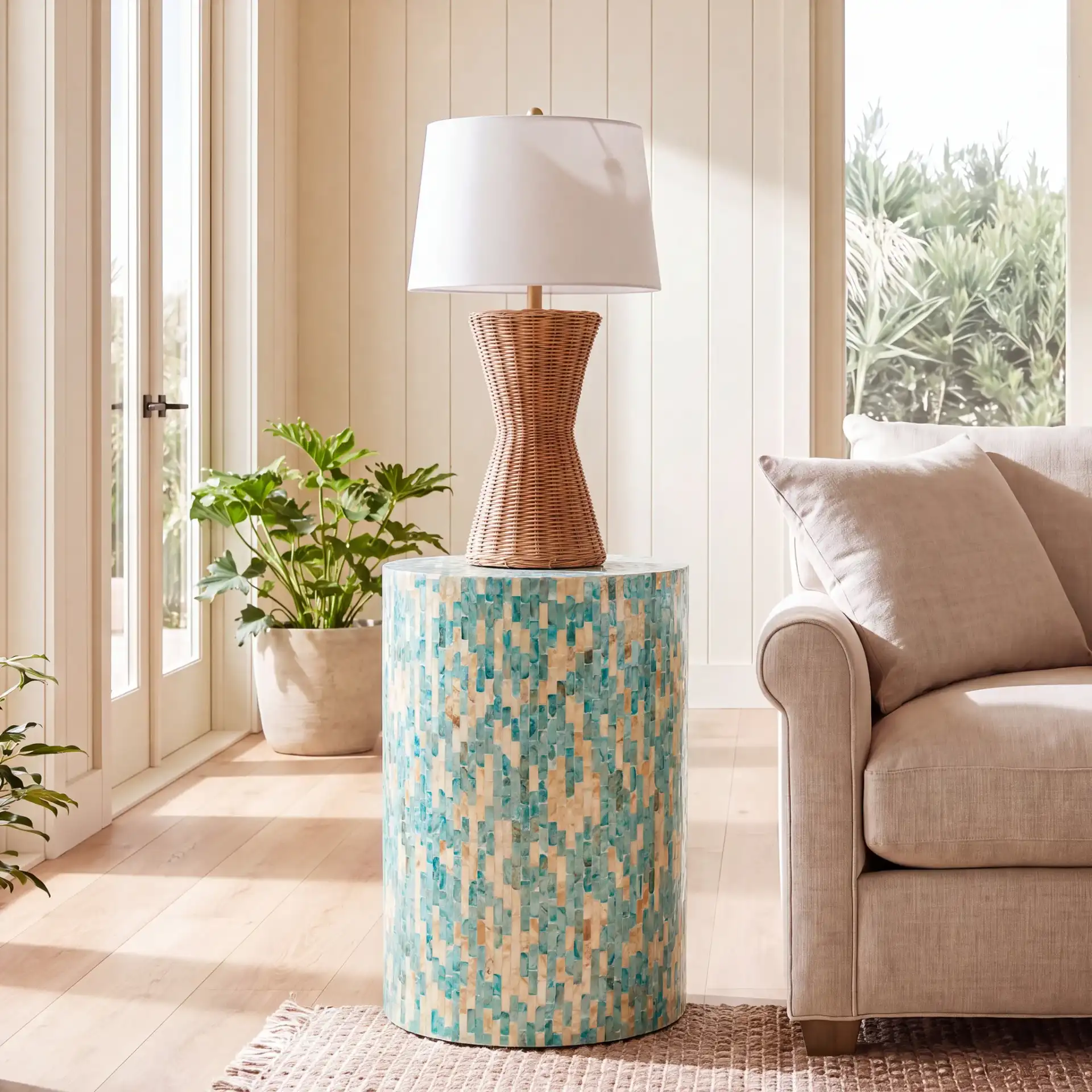 Presley Round Accent Table in Blue / Gold in a styled room