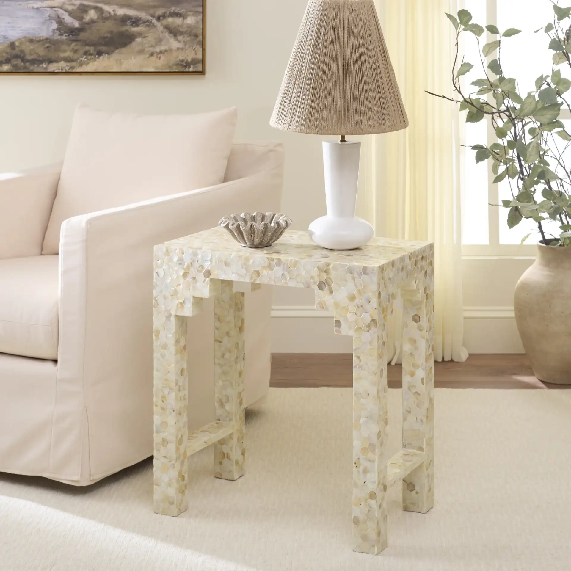 Daniza Accent Table in Beige in a styled room