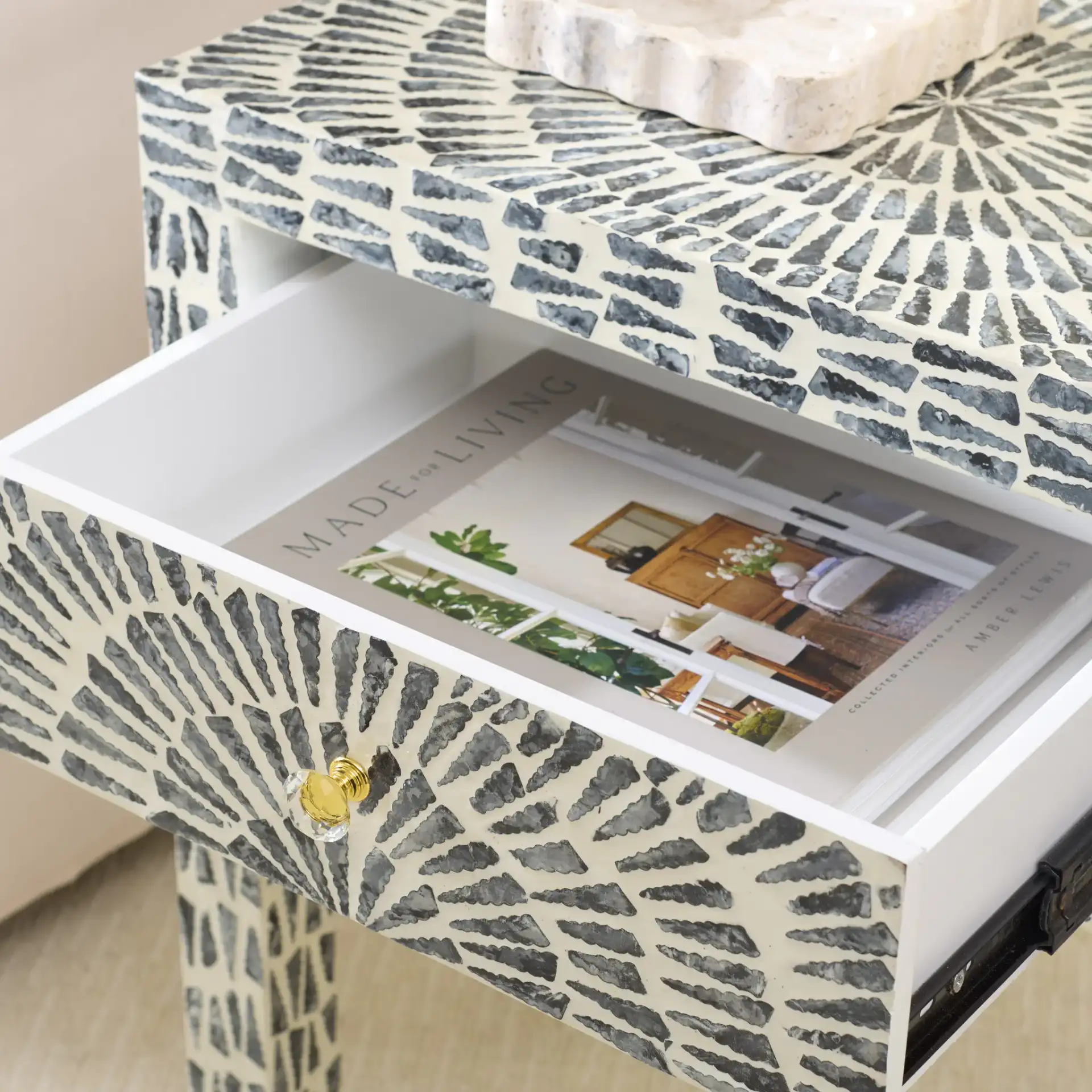 Euan Accent Table with Drawer in Black / White in a styled room