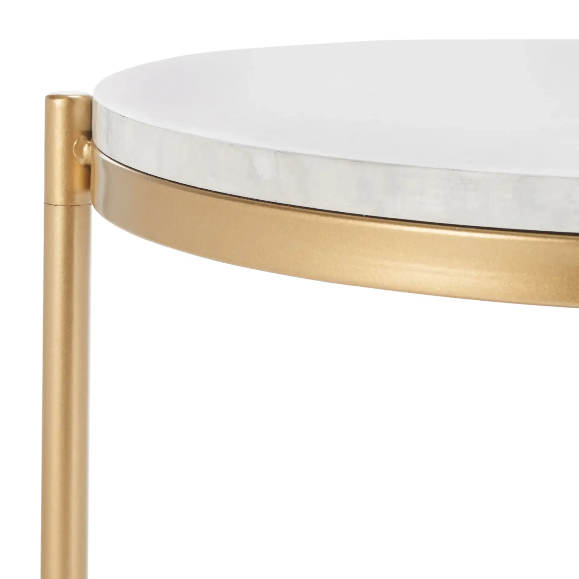 Dove End Table in White Faux Marble / Gold in a styled room