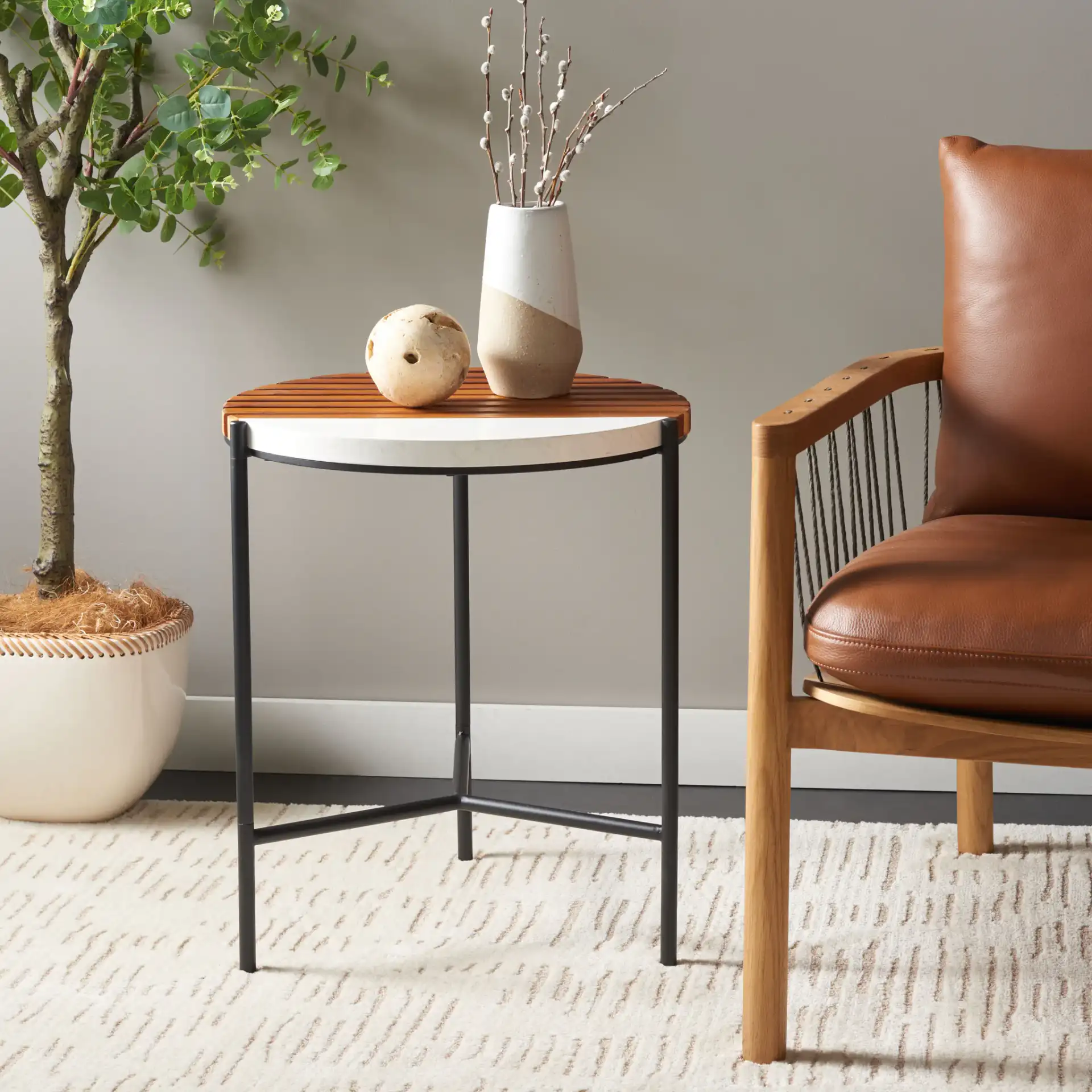 Dallas End Table in Brown / White Faux Marble in a styled room