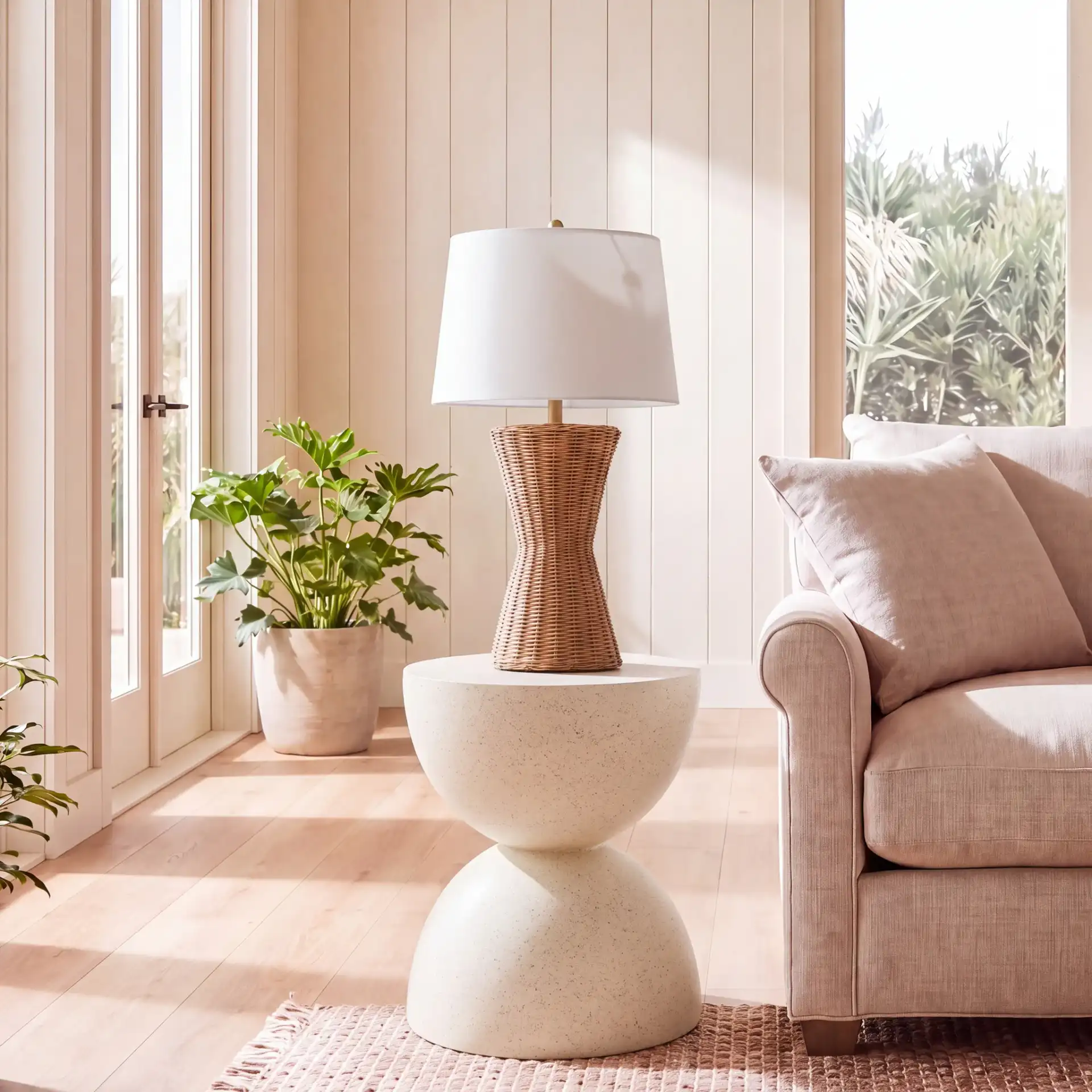 Austyn Hourglass Accent Table in White in a styled room