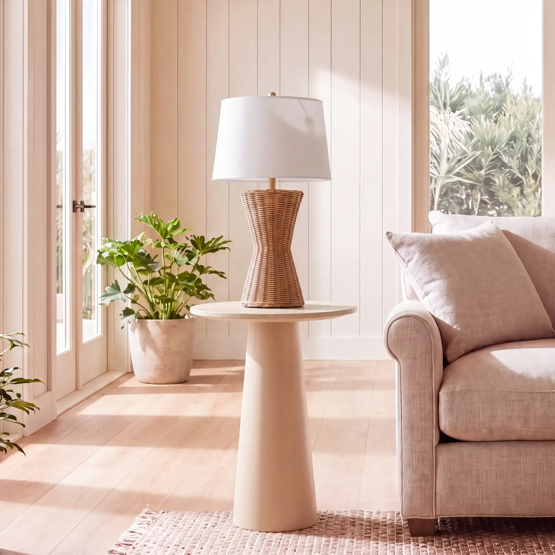 Nurem Short Ceramic Side Table in Beige Ceramic / Beige in a styled room