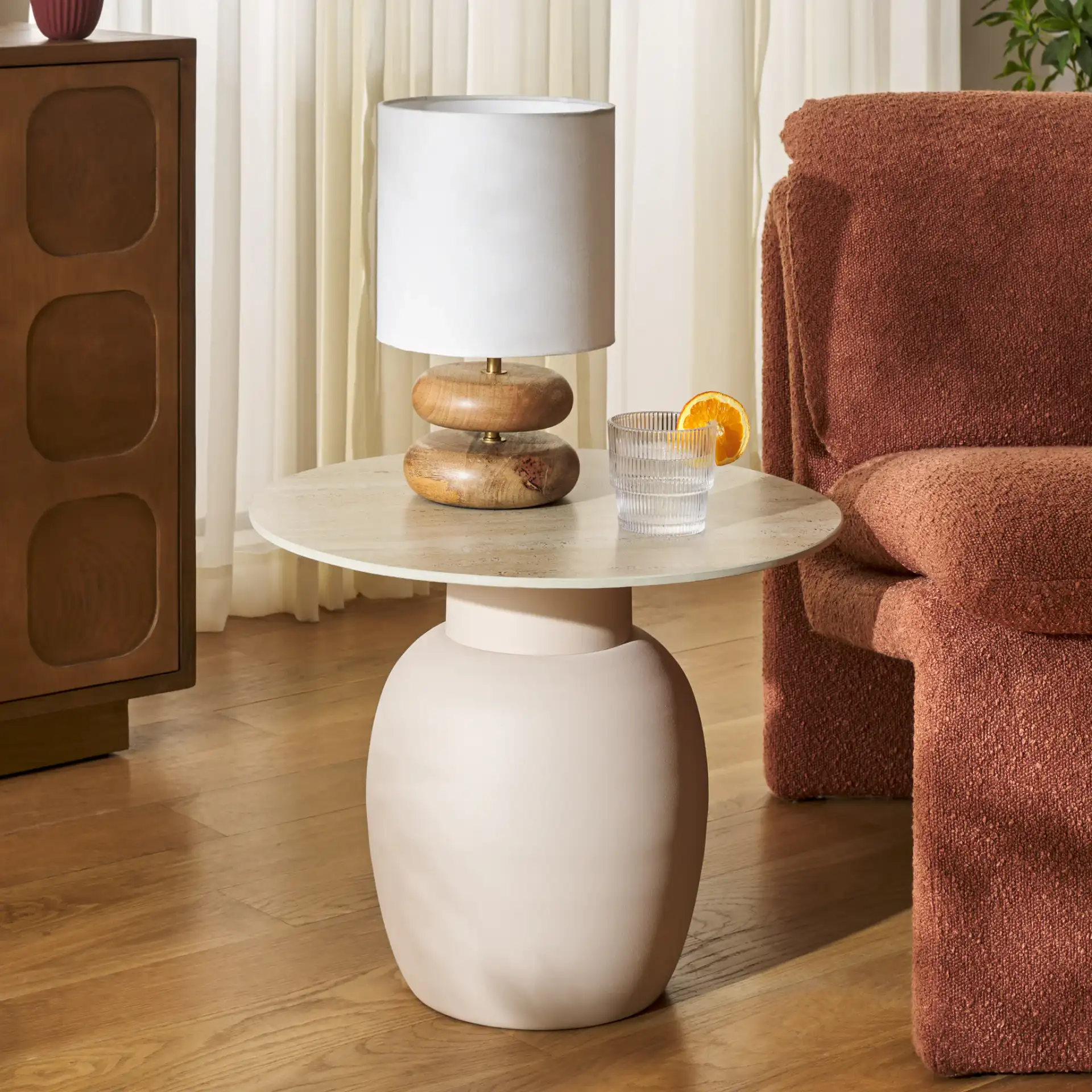 Kielh Short Ceramic Side Table in Beige Ceramic / Beige in a styled room