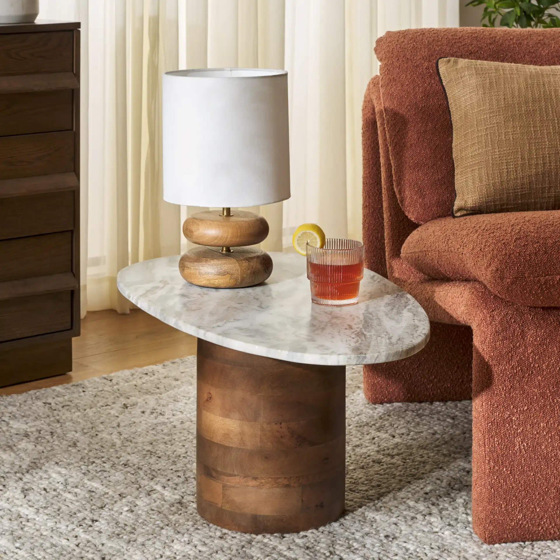 Mono Large Marble Side Table in Off-White Marble / Walnut in a styled room