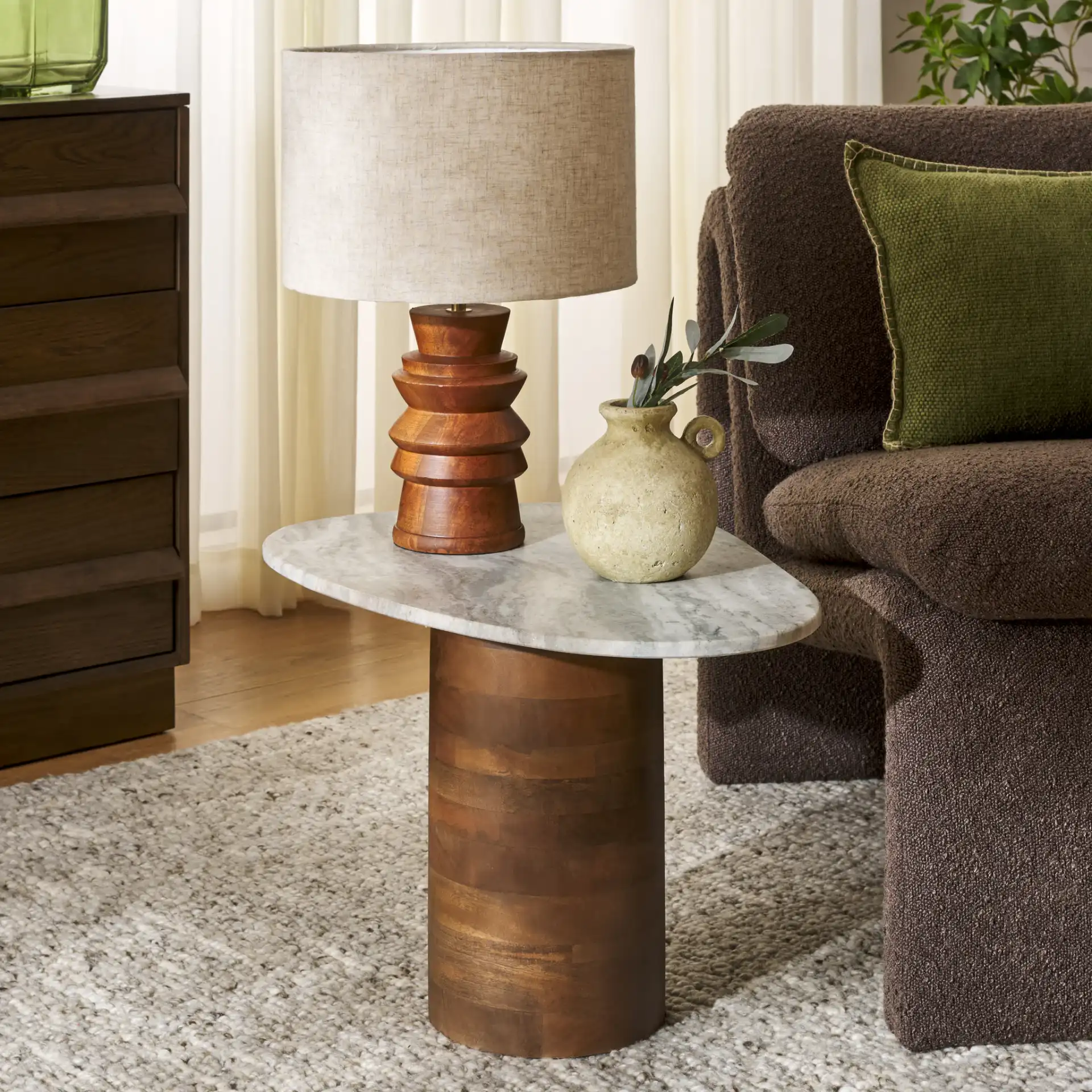 Mono Medium Marble Side Table in Off-White Marble / Walnut in a styled room