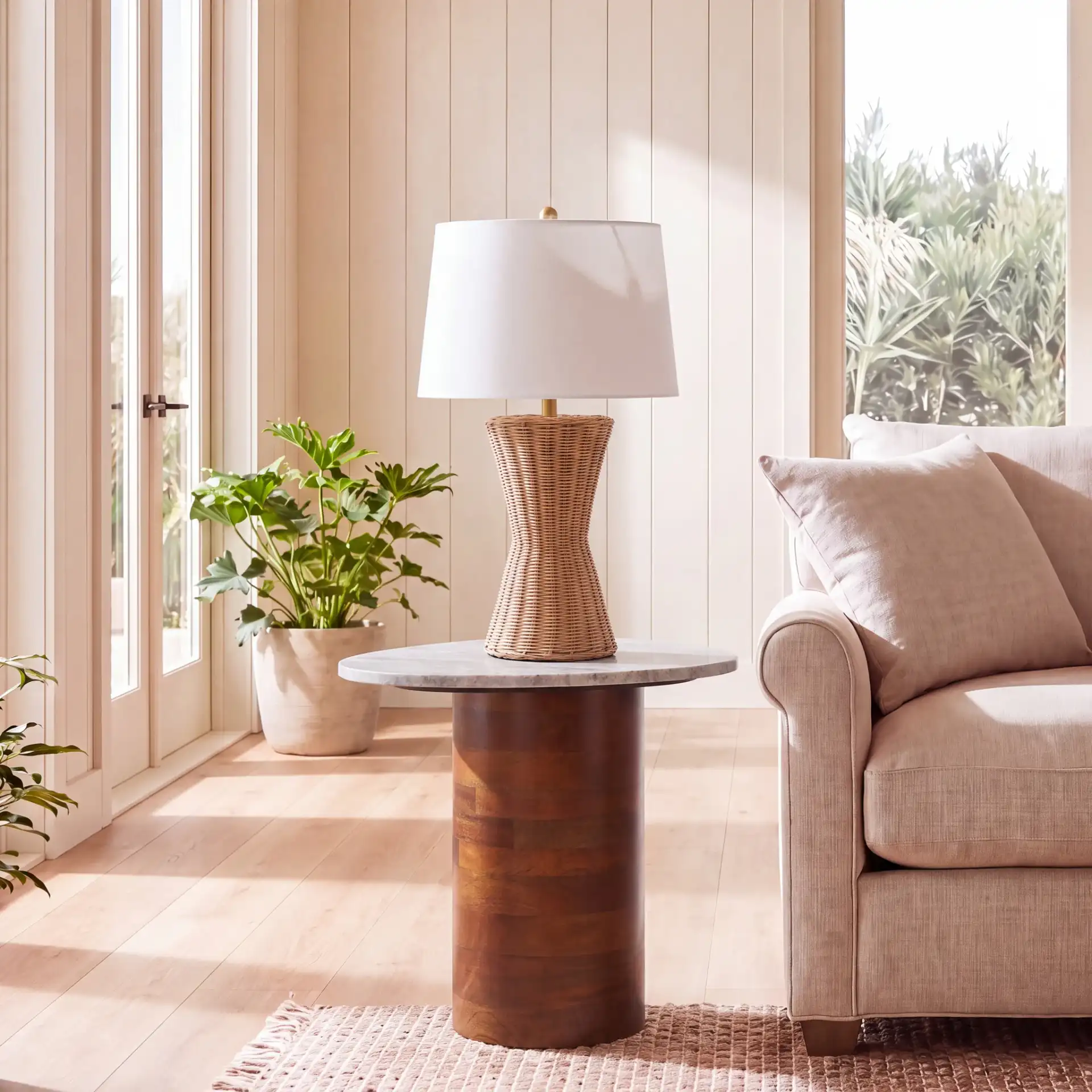 Mono Medium Marble Side Table in Off-White Marble / Walnut in a styled room