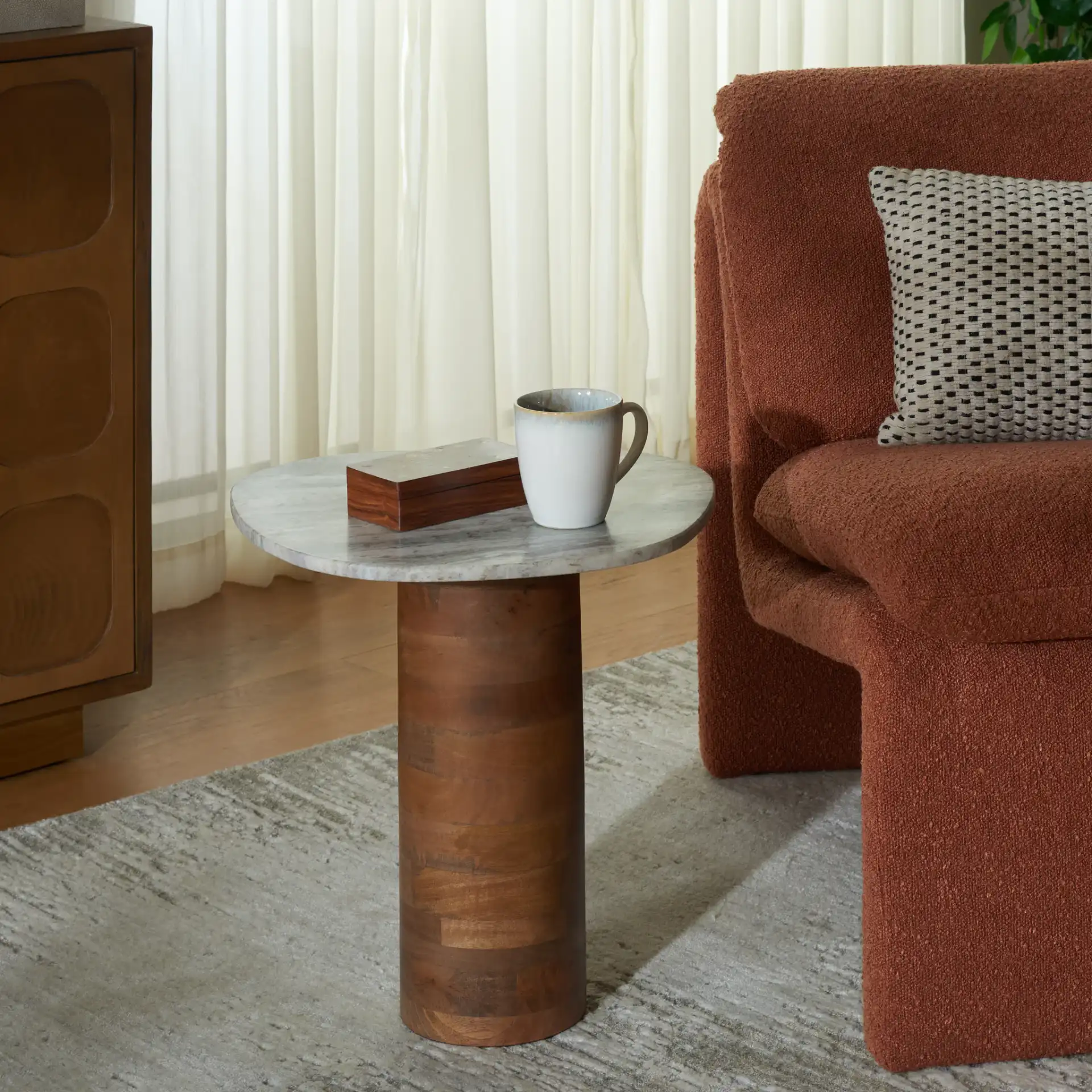 Mono Small Marble Side Table in Off-White Marble / Walnut in a styled room