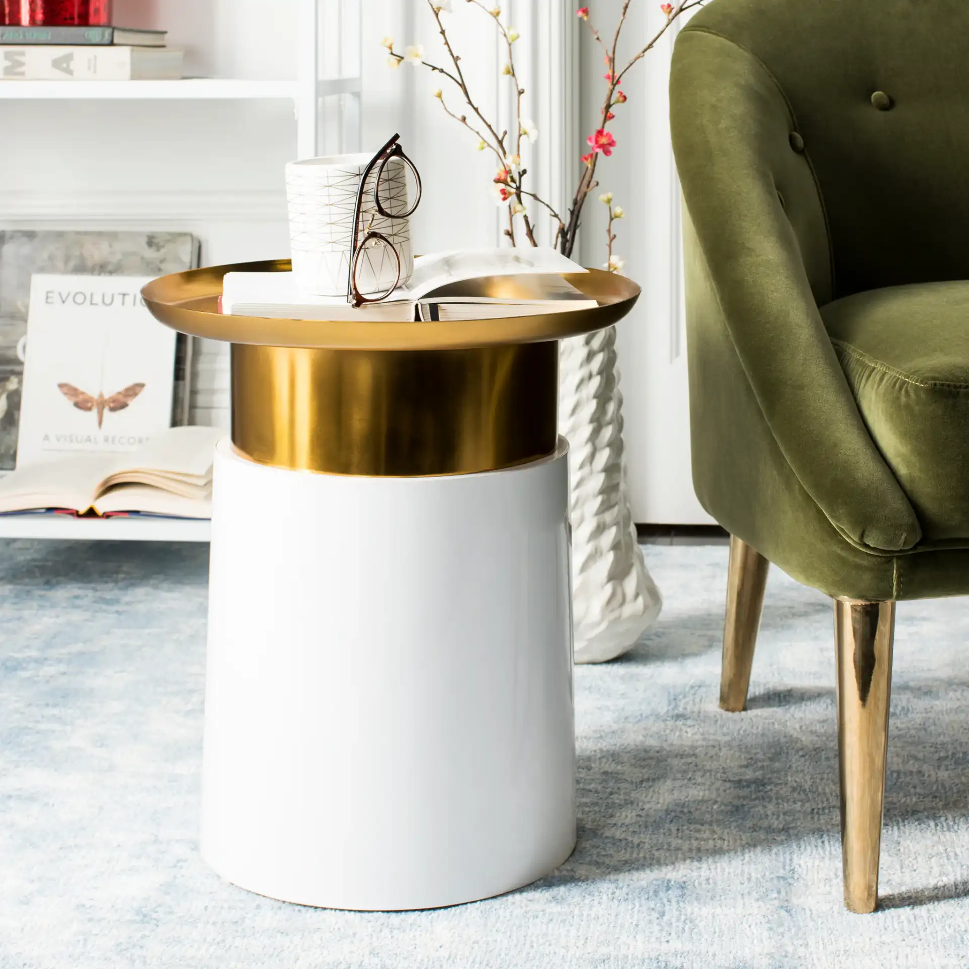 Zenith Tray Top Side Table in Gold / White in a styled room