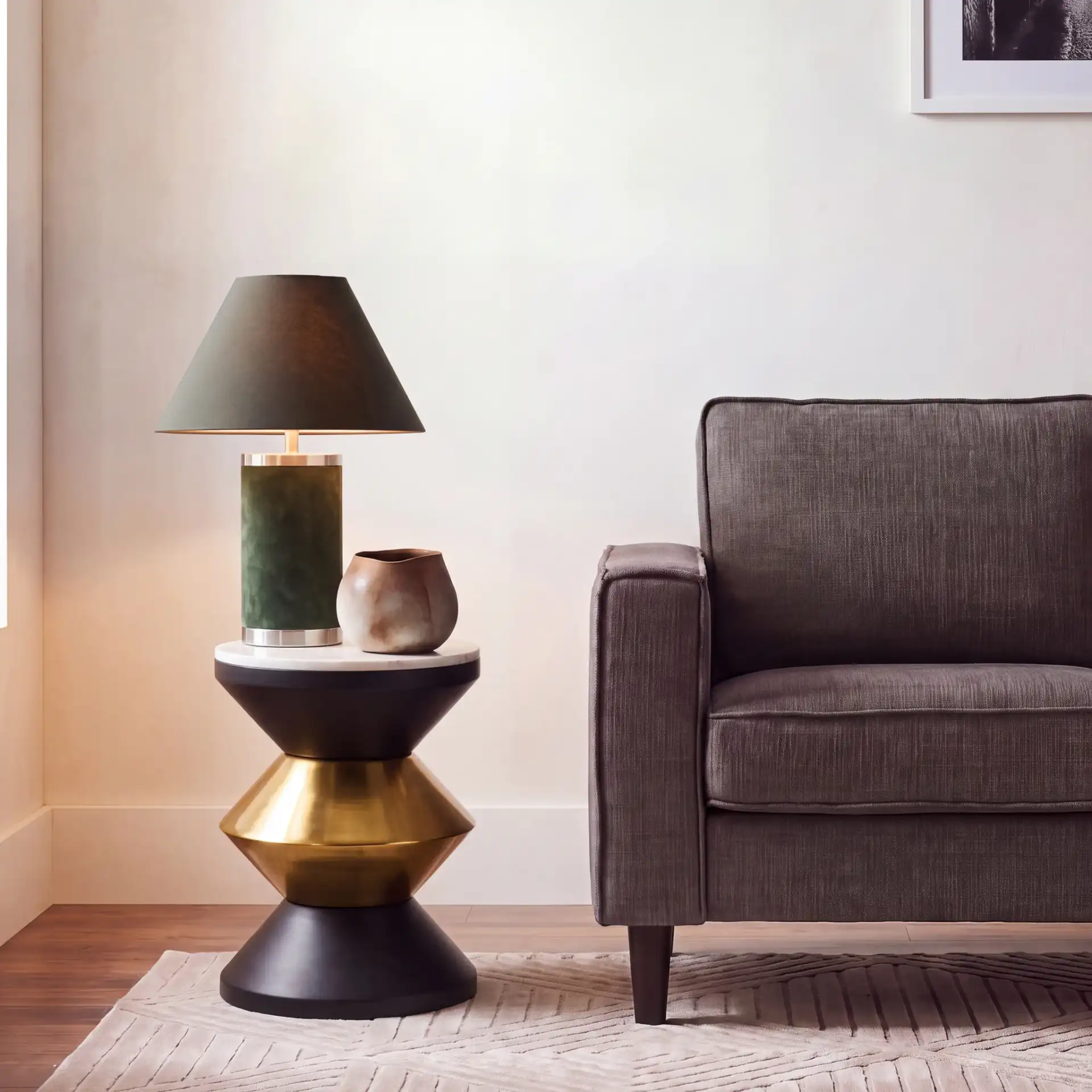 Azizi Stone Top Side Table in Black / Gold / White in a styled room