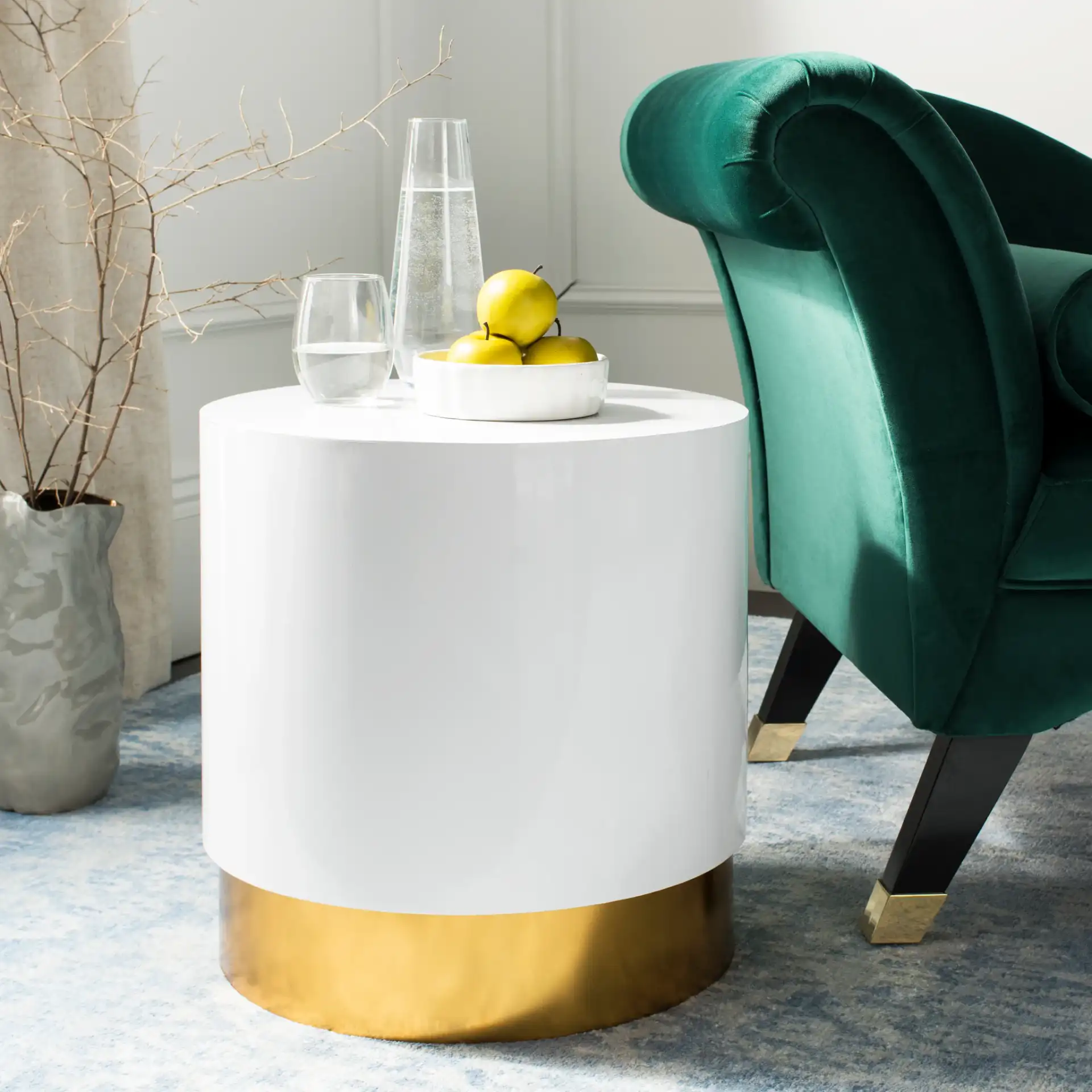 Angelo Round Side Table in White / Gold in a styled room