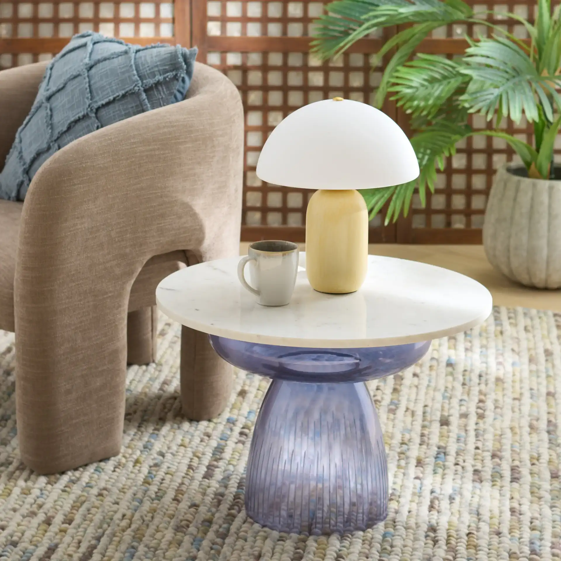 Avony Side Table in Blue / White in a styled room