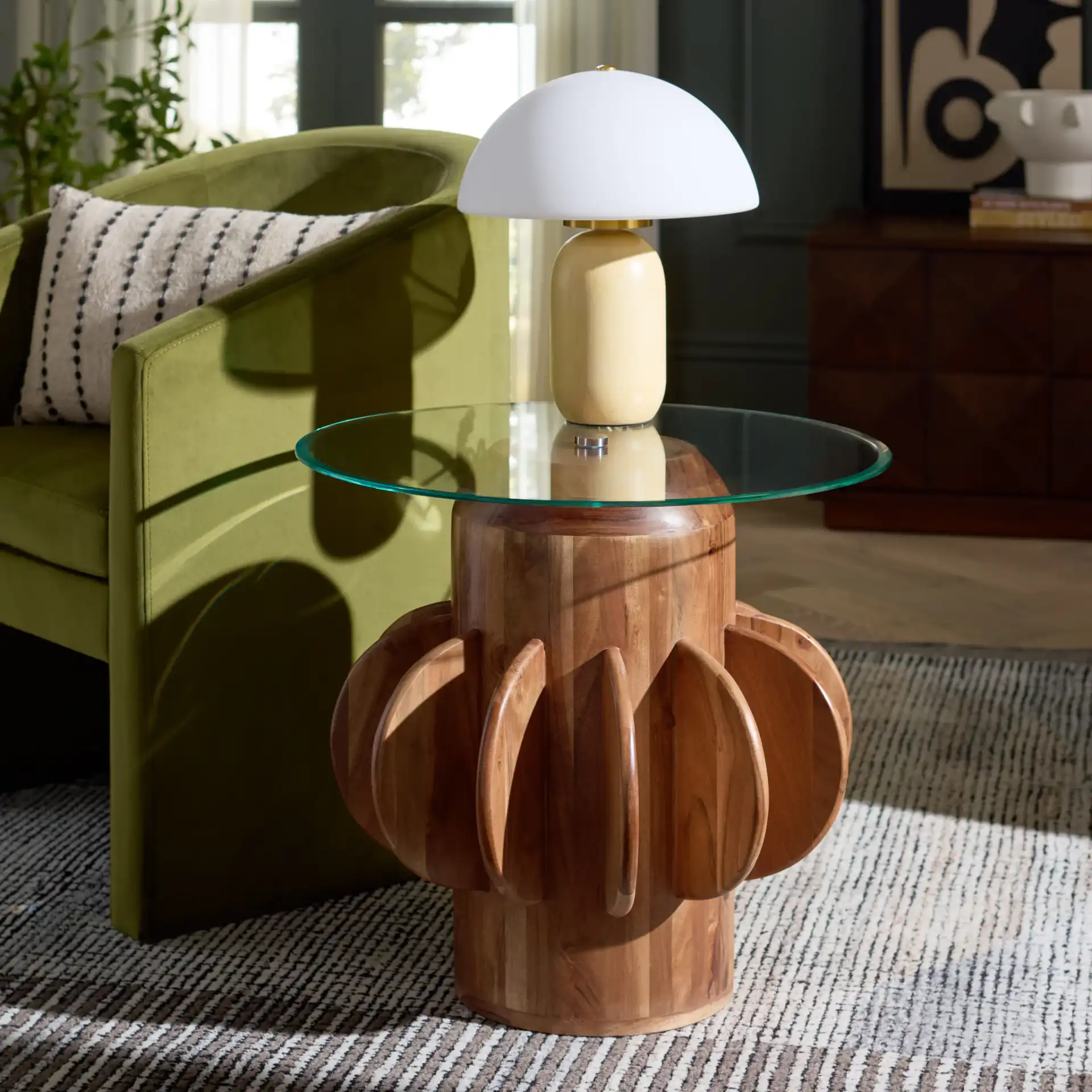Marata Glass Side Table in Glass / Walnut in a styled room