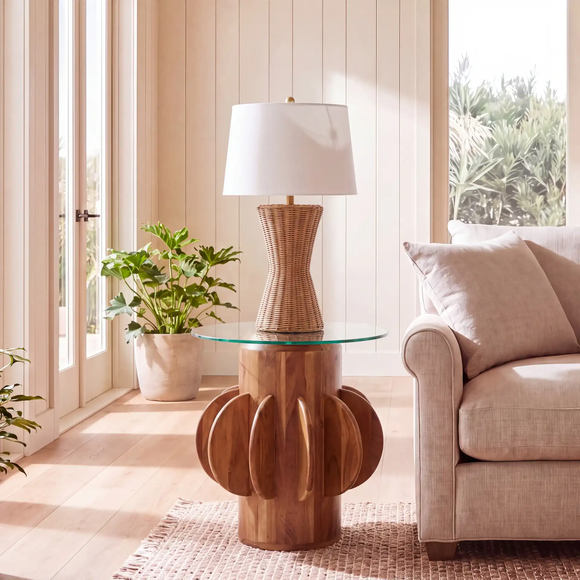 Marata Glass Side Table in Glass / Walnut in a styled room