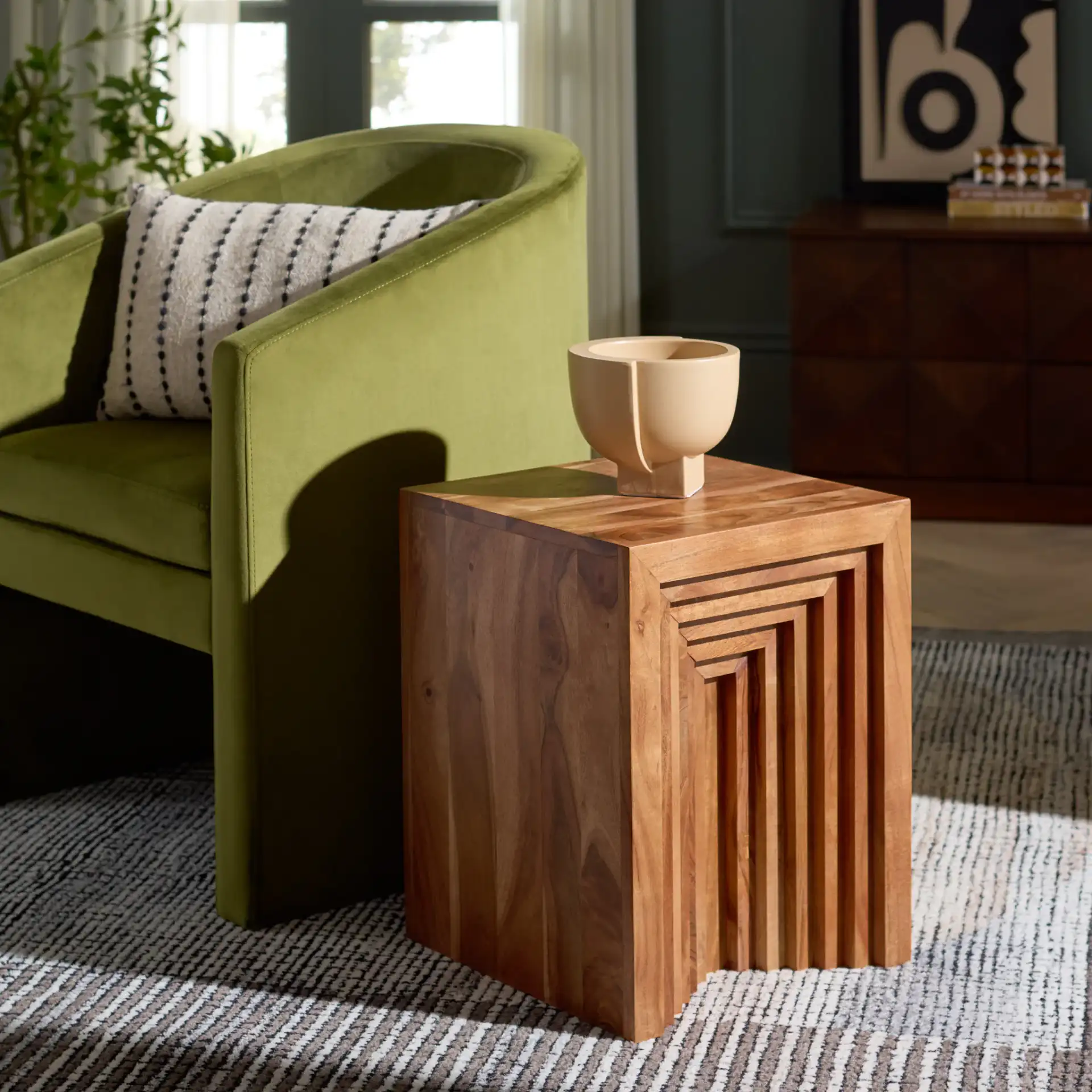 Amabu Accent Table in Walnut in a styled room
