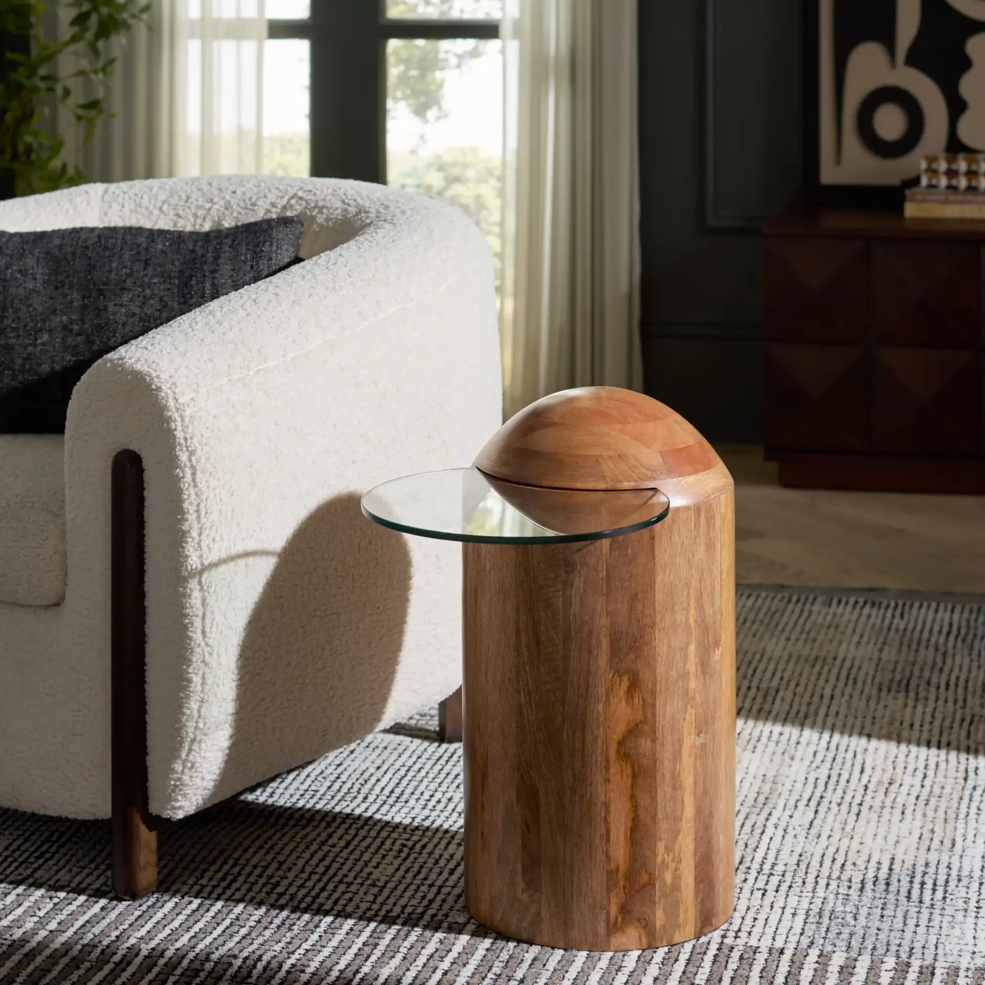 Cuban Accent Table in Glass / Walnut in a styled room