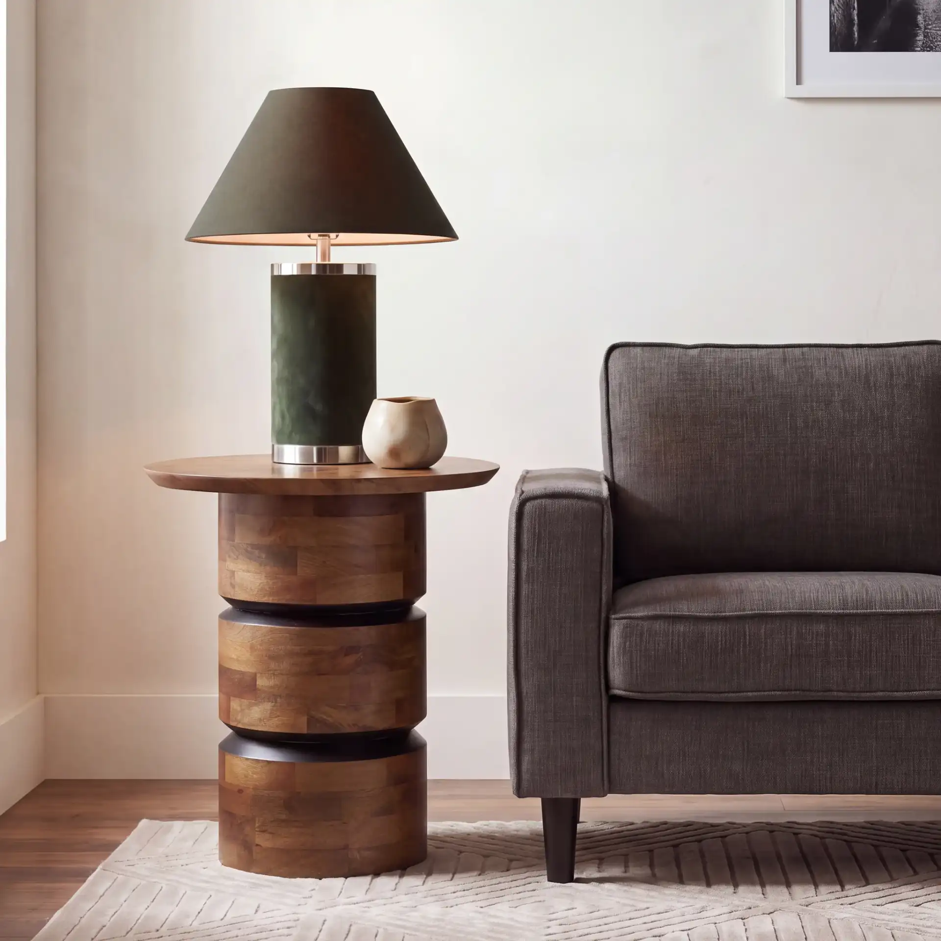 Zorro Round Accent Table in Walnut in a styled room