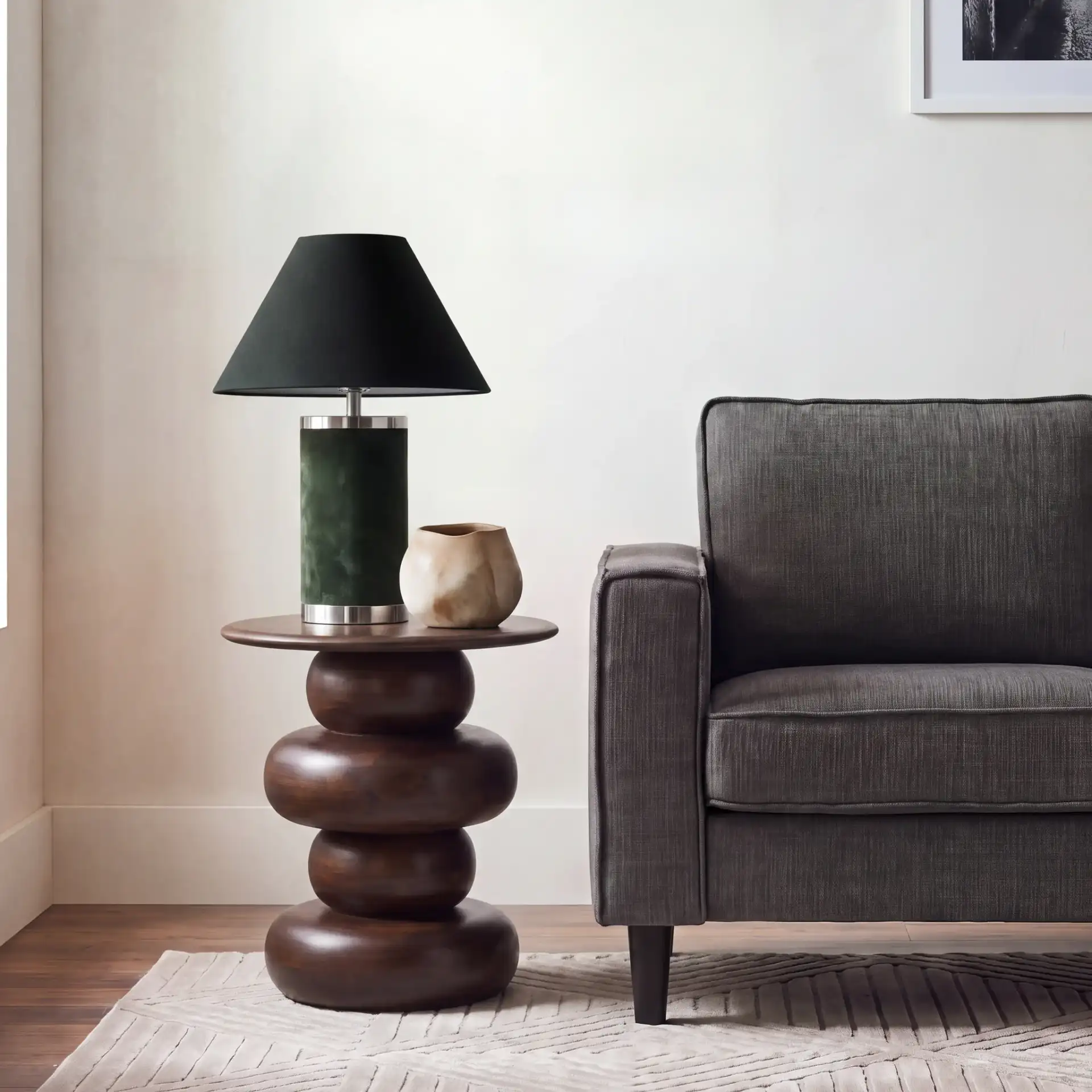 Nube Round Accent Table in Dark Brown in a styled room
