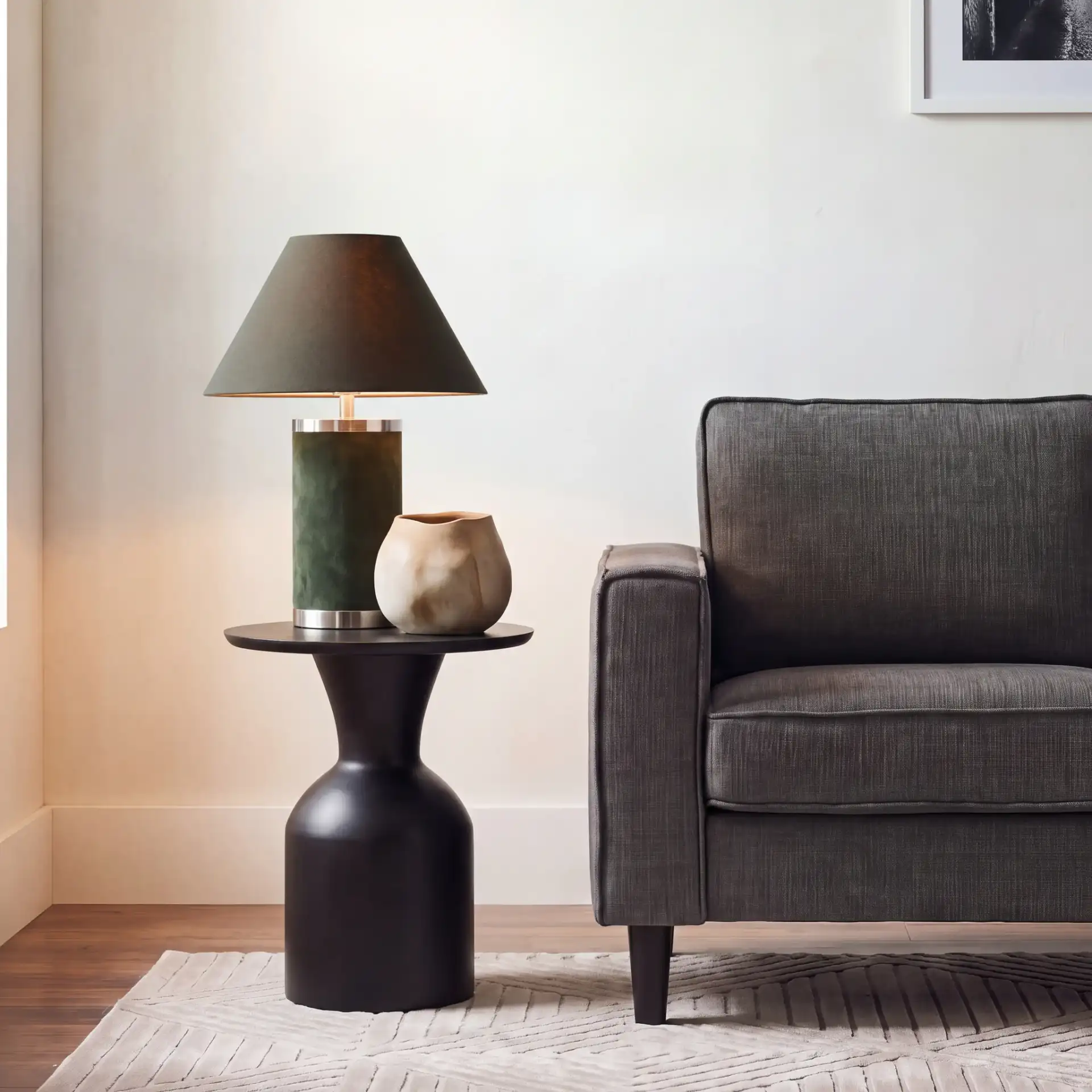 Tazon Round Accent Table in Black in a styled room