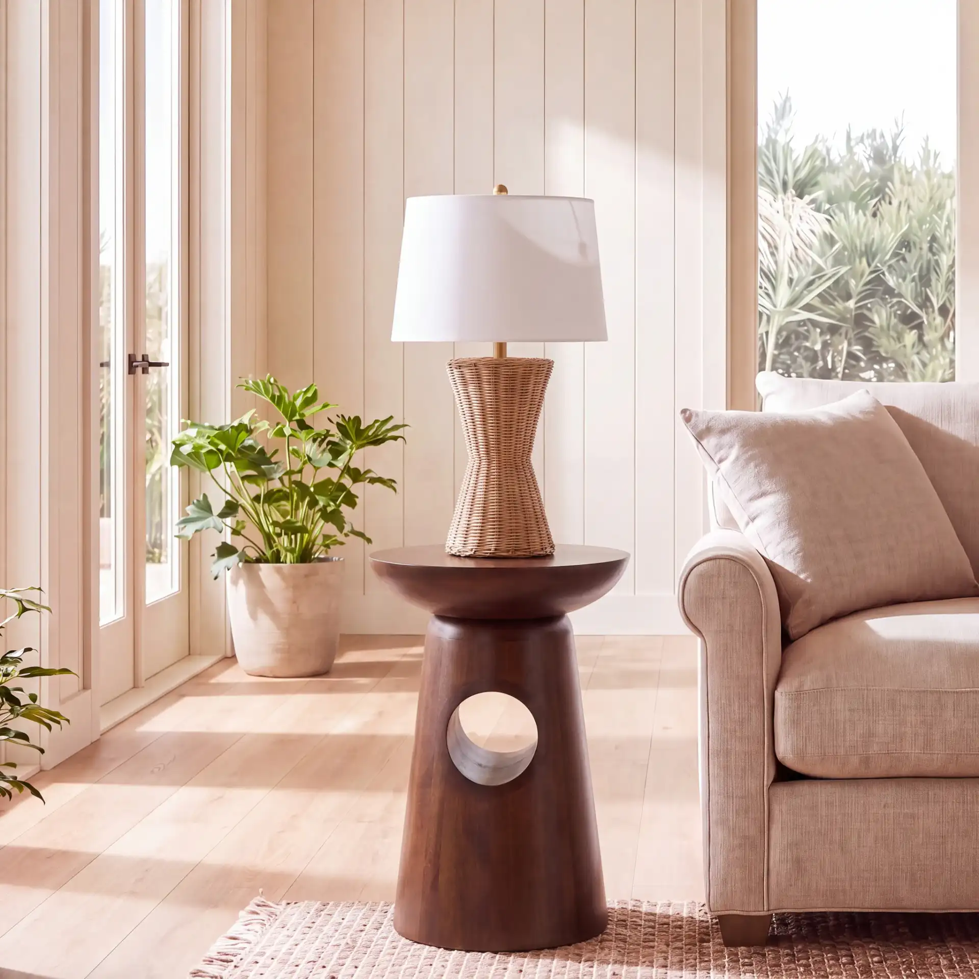 Zenon Round Accent Table in Dark Brown in a styled room