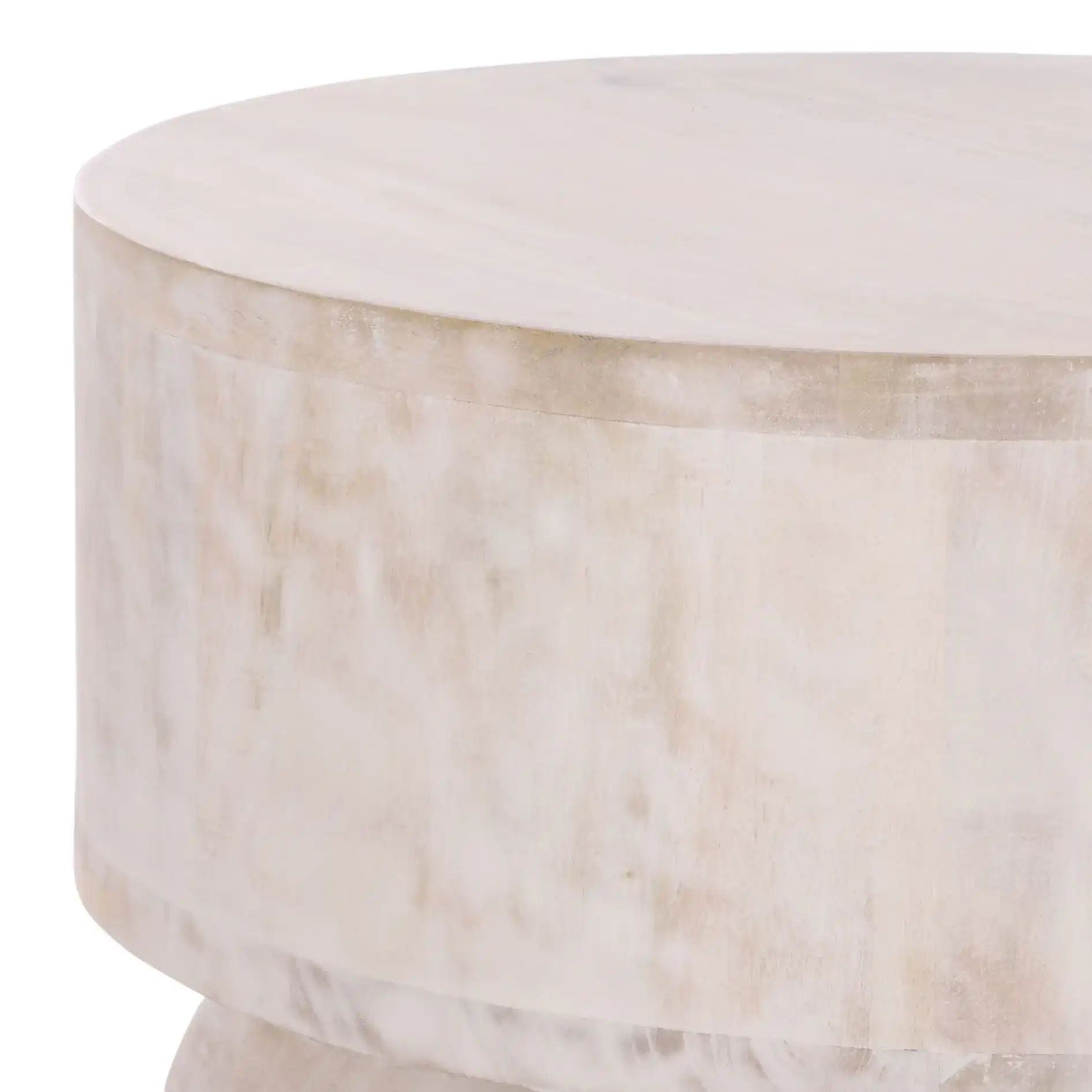 Xavier Round Accent Table in White Washed in a styled room