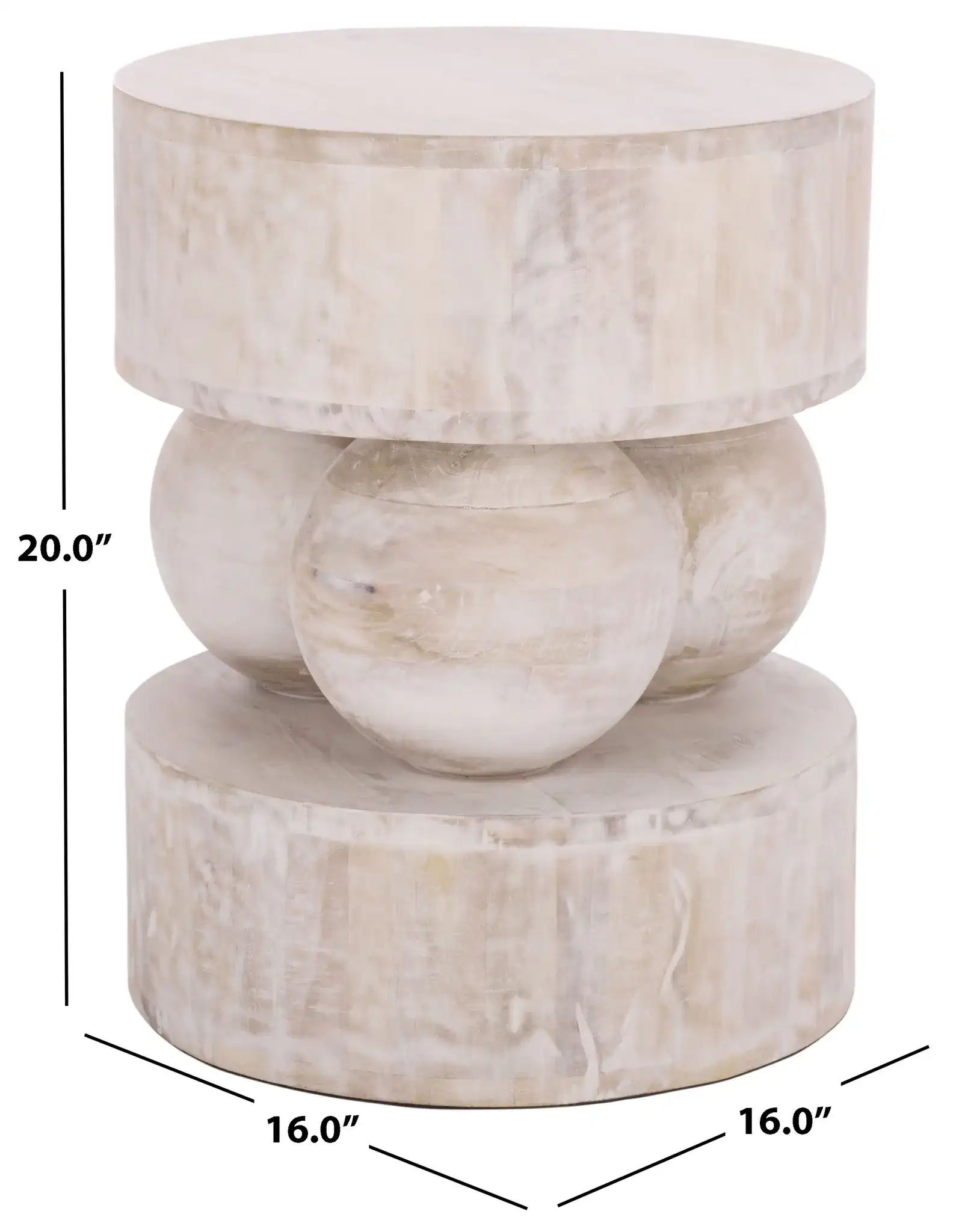 Xavier Round Accent Table in White Washed, detail view