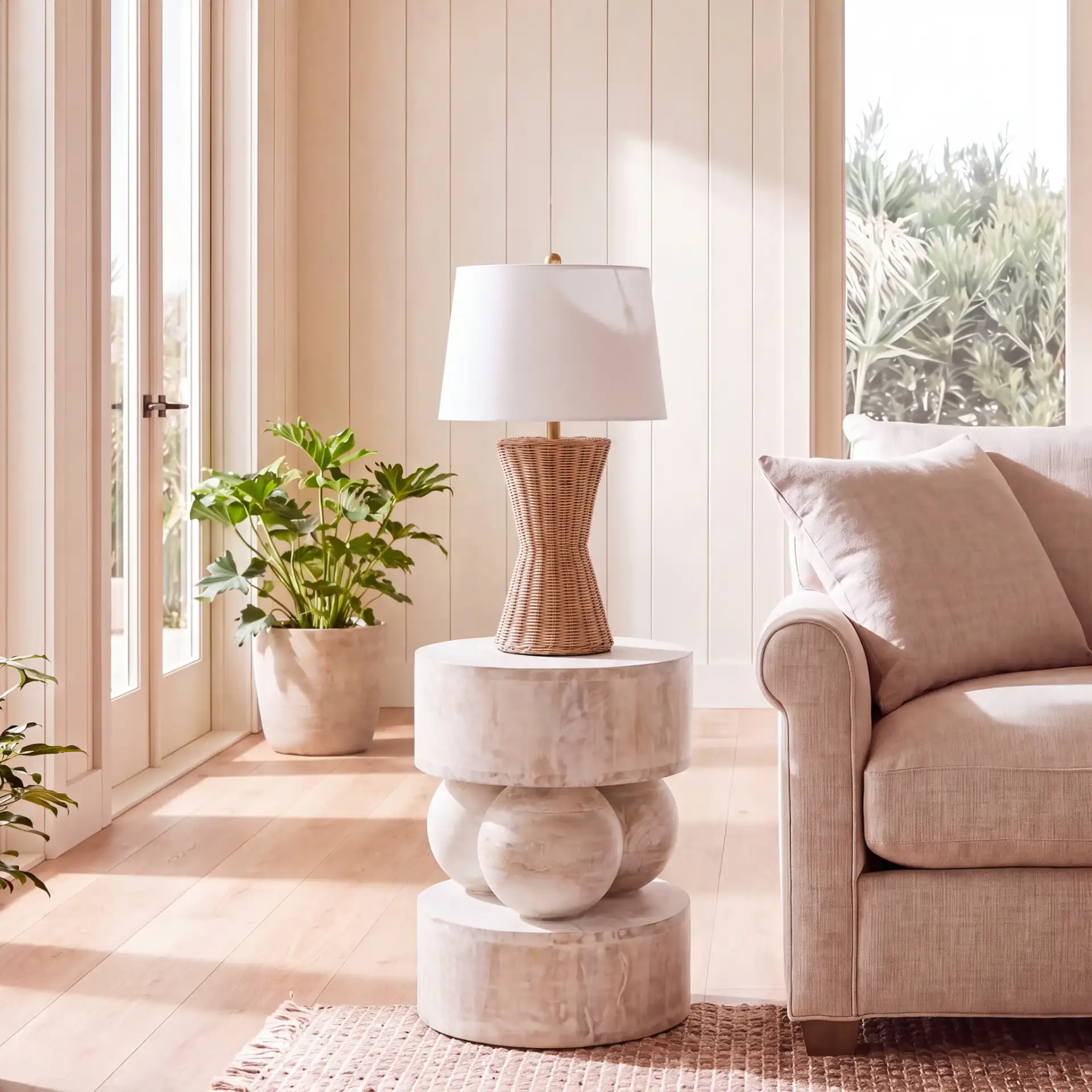 Xavier Round Accent Table in White Washed in a styled room