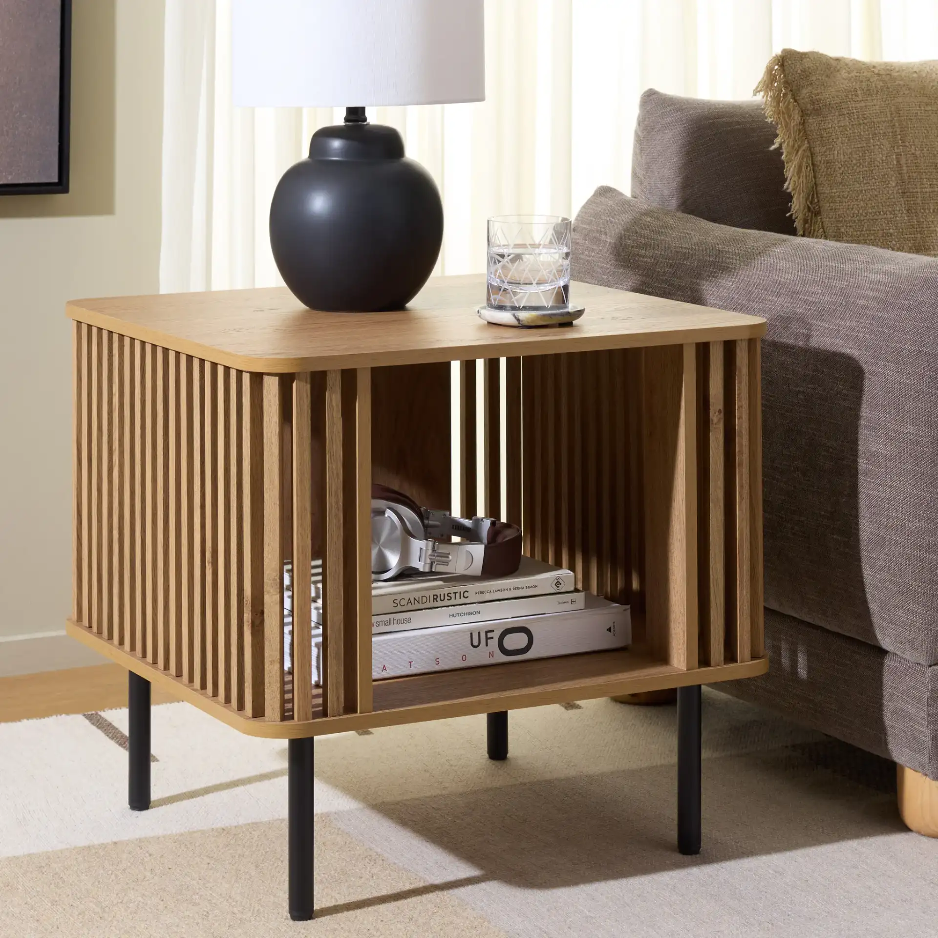 Kiyoshi Accent Table in Oak / Black in a styled room