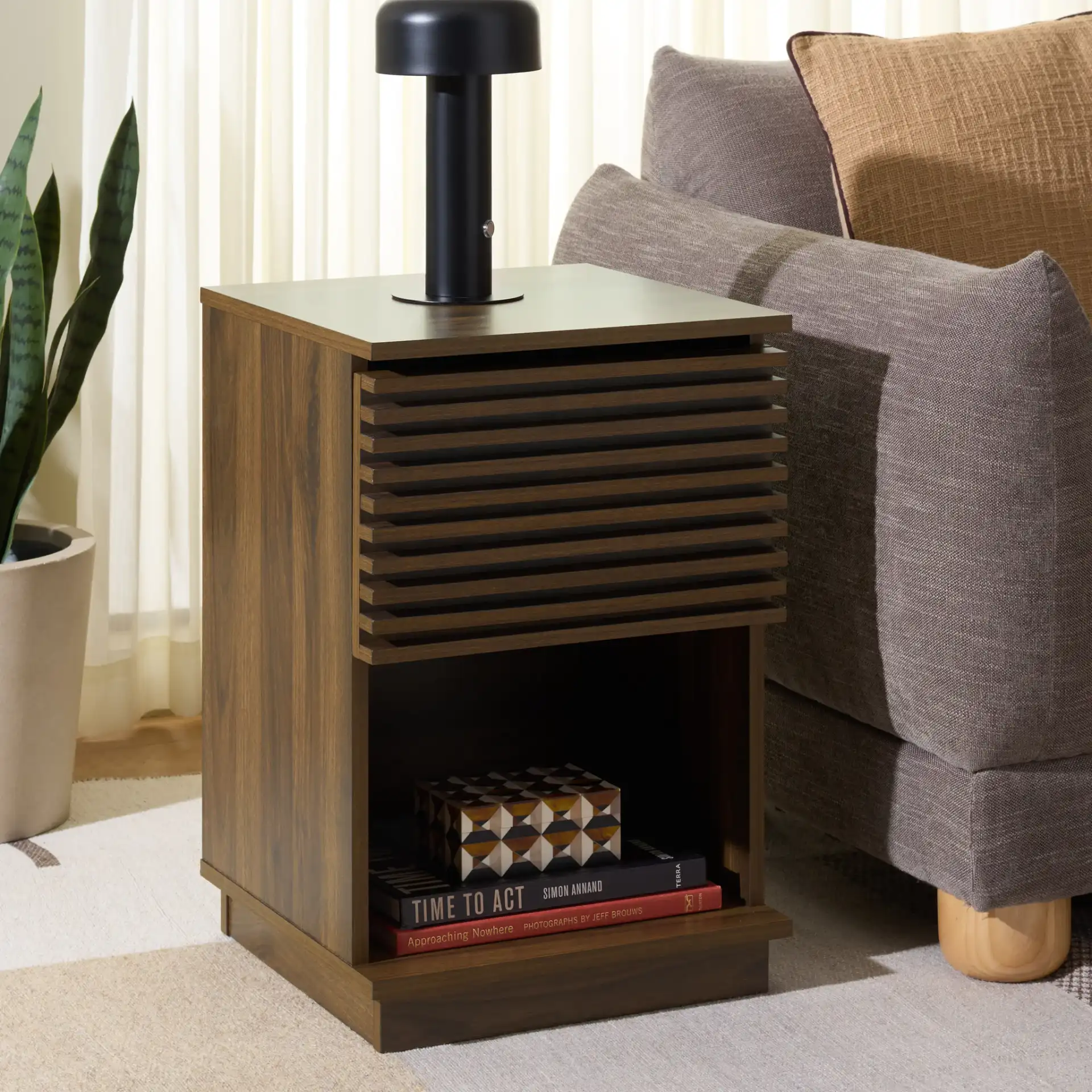 Moroto One-Drawer Accent Table in Walnut in a styled room