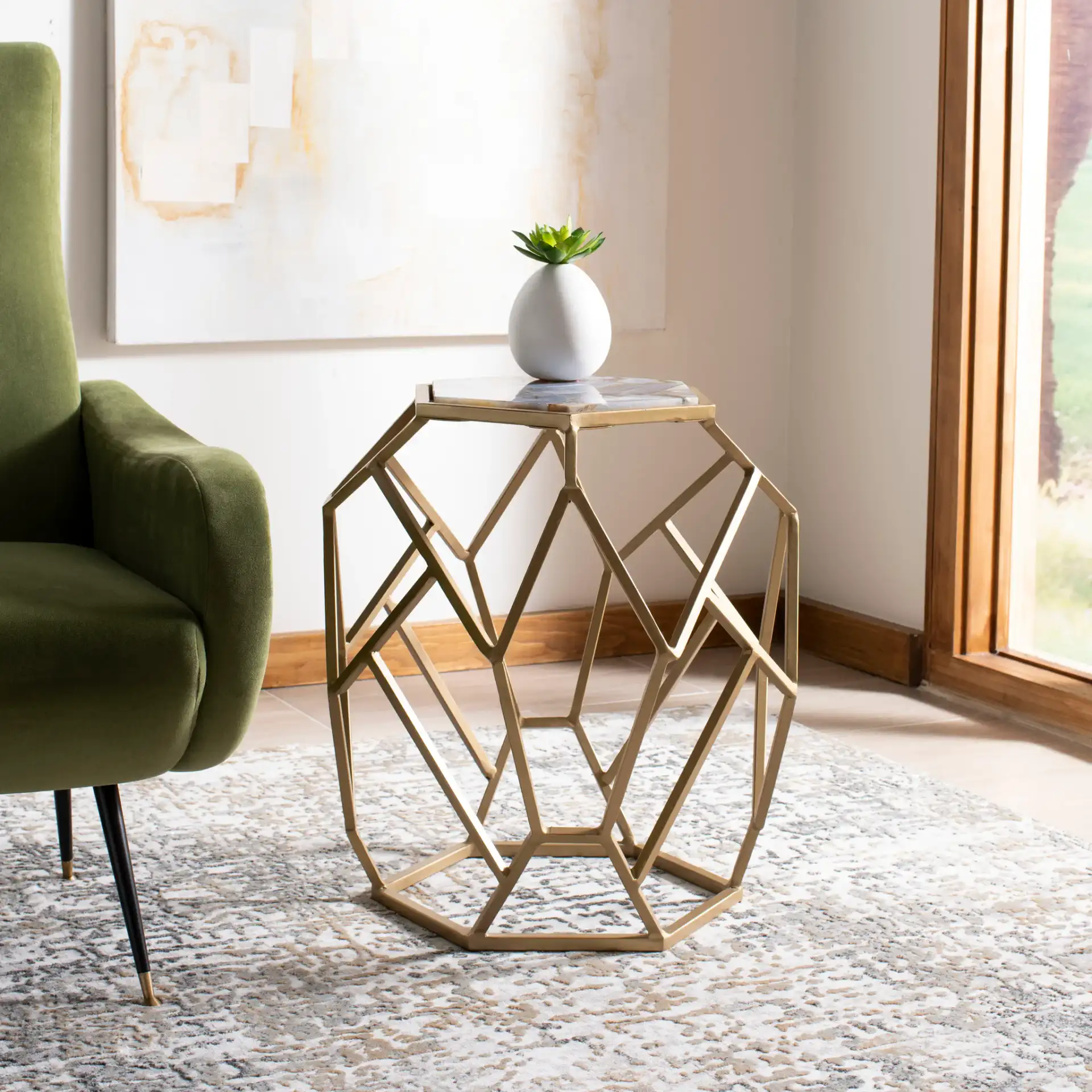 Ava Geometric Accent Table in Multicolor Agate / Gold in a styled room