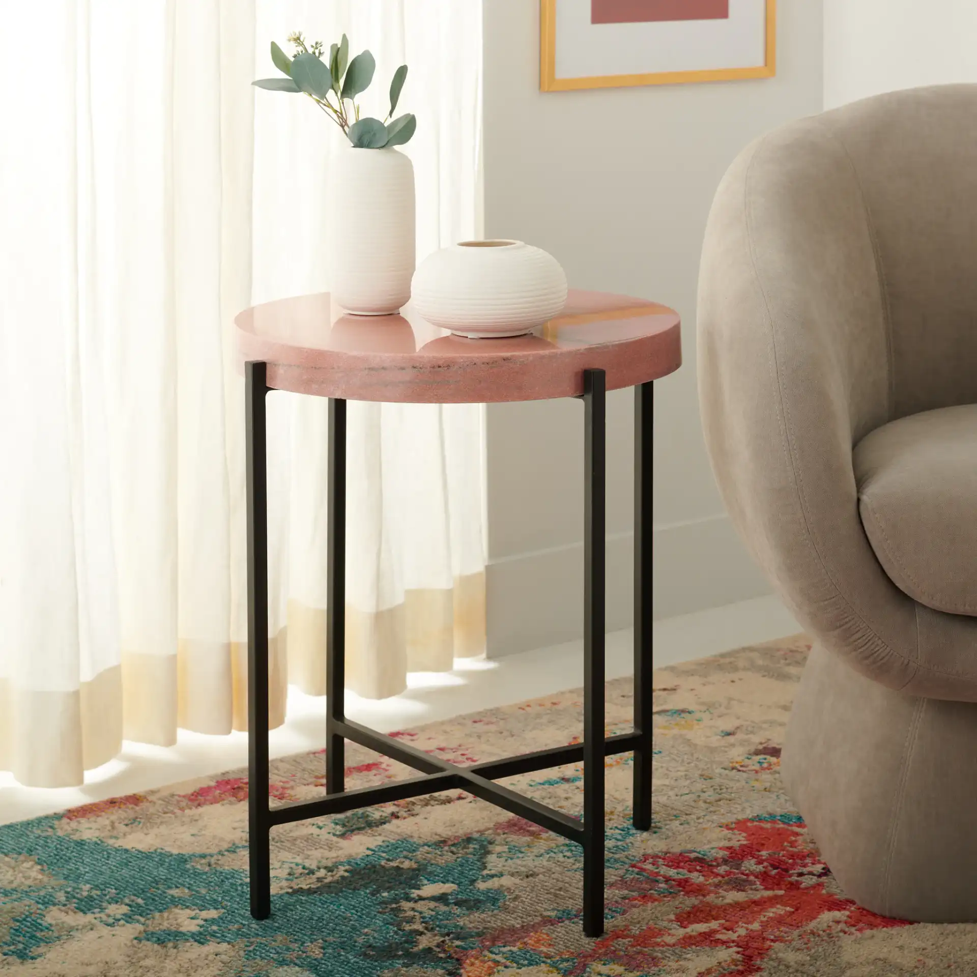 Azula Stone Top Accent Table in Burnt Orange Stone / Black in a styled room