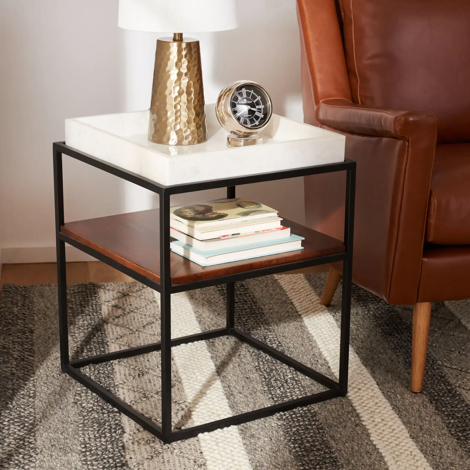 Kya Two-Tier Accent Table in White / Walnut in a styled room