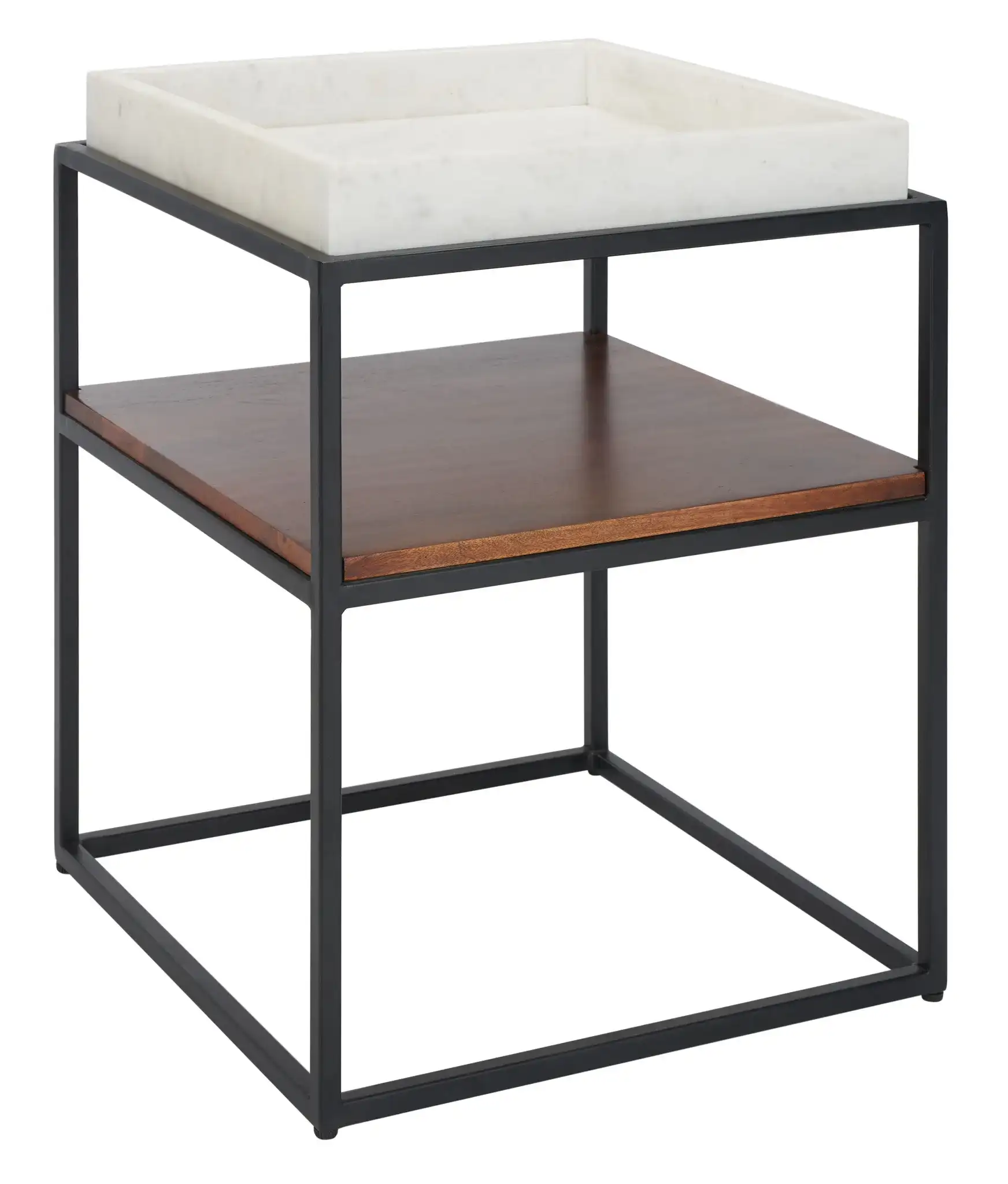 Kya Two-Tier Accent Table in White / Walnut, detail view